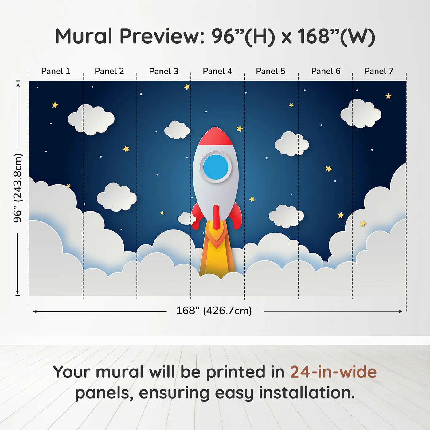 Whimsy Tots Papercraft Rocket to the Moon Wall Muraldimension view (96" H x 168" W). Printed in seven 24-inch-wide panels. Gender-Neutral