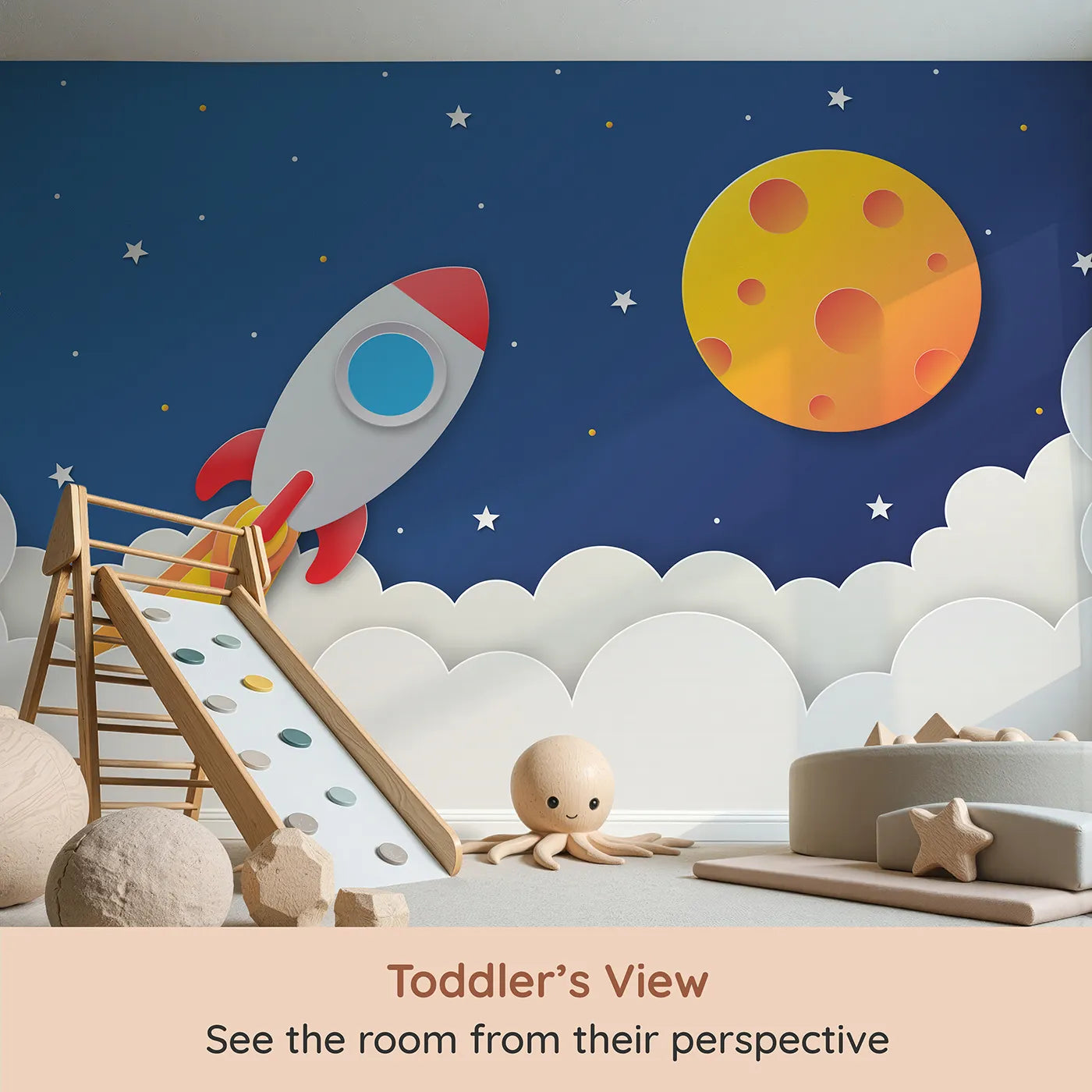 Whimsy Tots Papercraft Rocket Launch Wall Mural (Turn Their Room into a Countdown to Adventure) from your child's view.Gender-Neutral