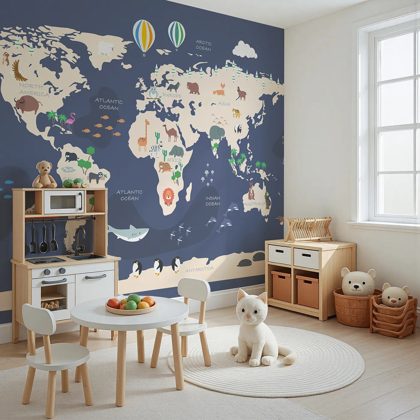 Angled view of Whimsy Tots' Cartoon World Map Adventure Wall Mural (Turn Their Room into a Global Expedition).Gender-Neutral