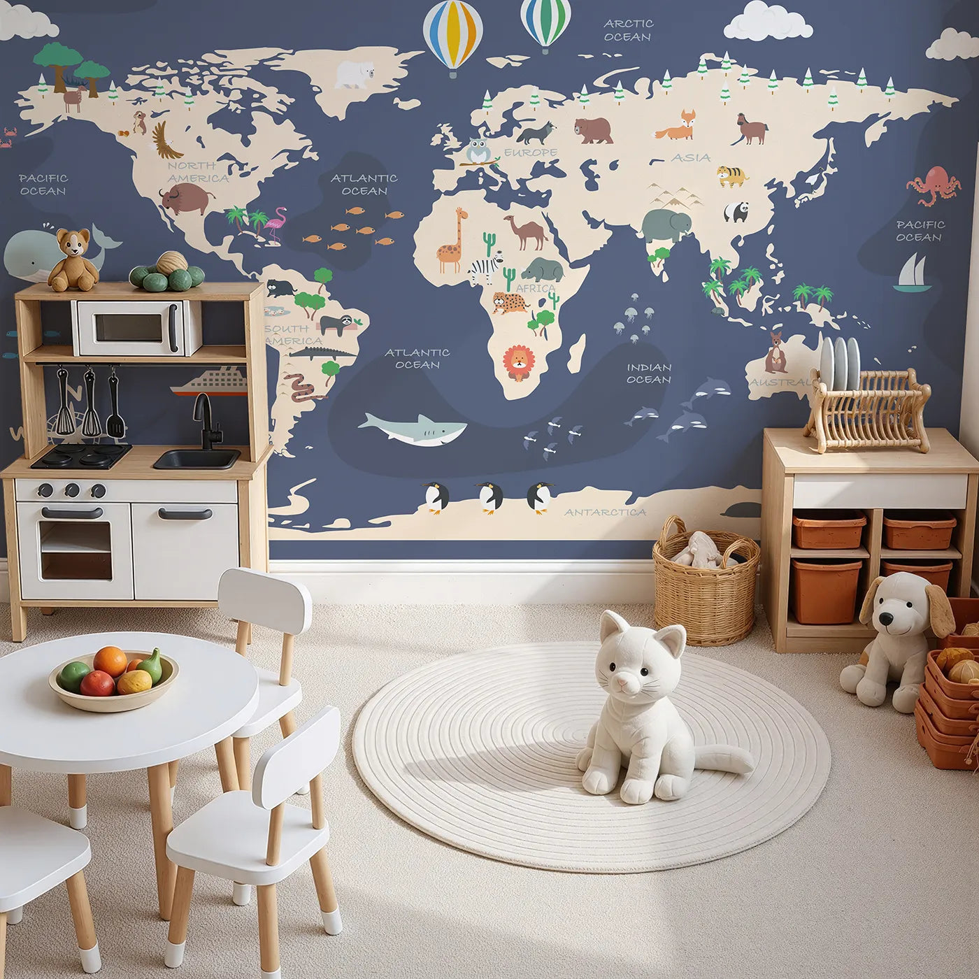 Top-down view of Whimsy Tots' Cartoon World Map Adventure Wall Mural (Turn Their Room into a Global Expedition).Gender-Neutral
