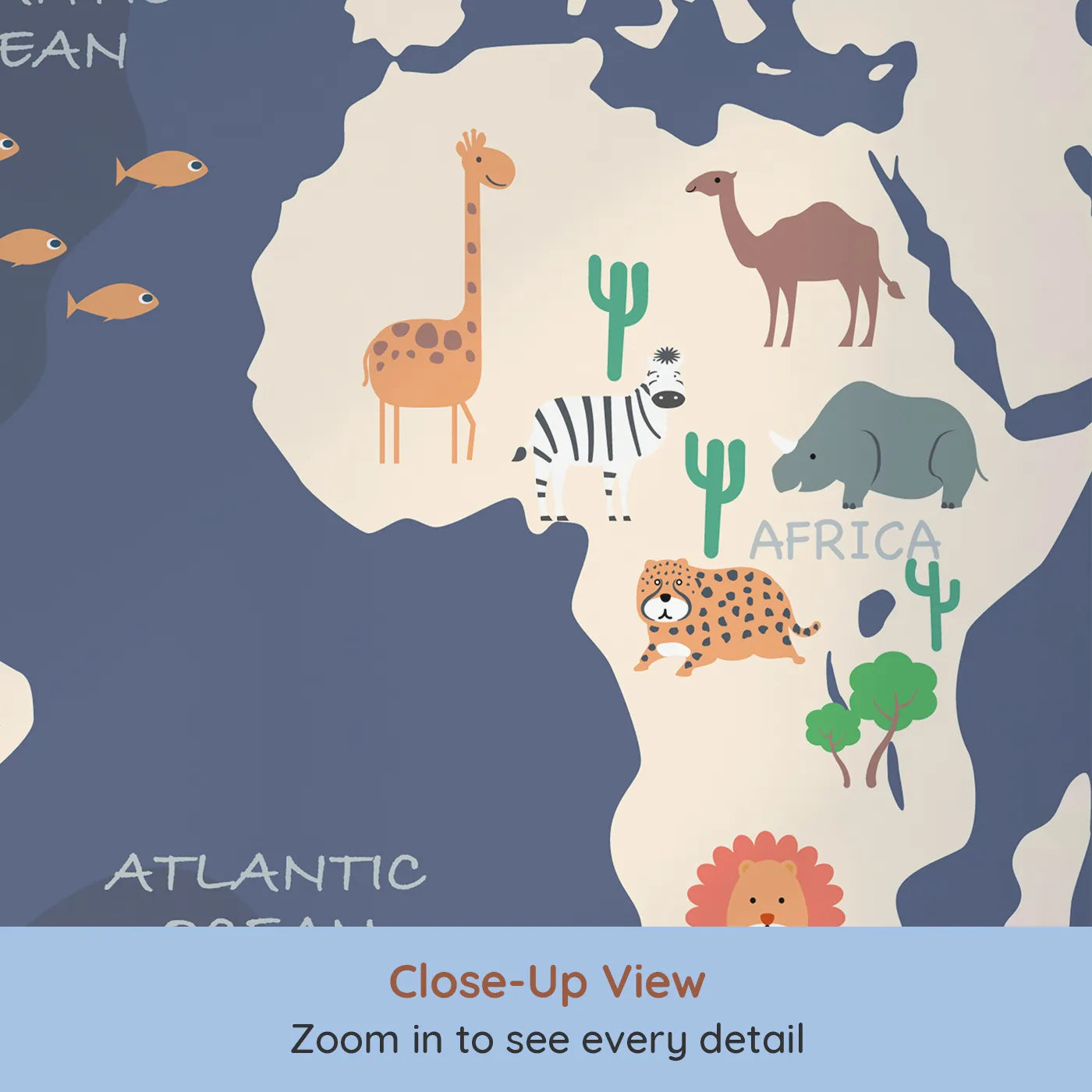 Close-up view of Whimsy Tots' Cartoon World Map Adventure Wall Mural (Turn Their Room into a Global Expedition).Gender-Neutral