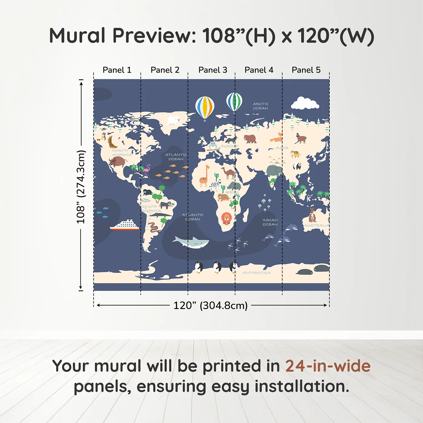 Whimsy Tots Cartoon World Map Adventure Wall Muraldimension view (108" H x 120" W). Printed in five 24-inch-wide panels. Gender-Neutral