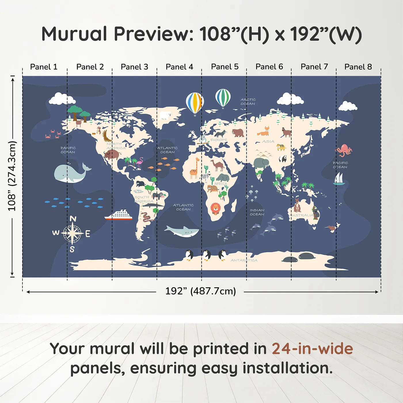 Whimsy Tots Cartoon World Map Adventure Wall Muraldimension view (108" H x 192" W). Printed in eight 24-inch-wide panels. Gender-Neutral