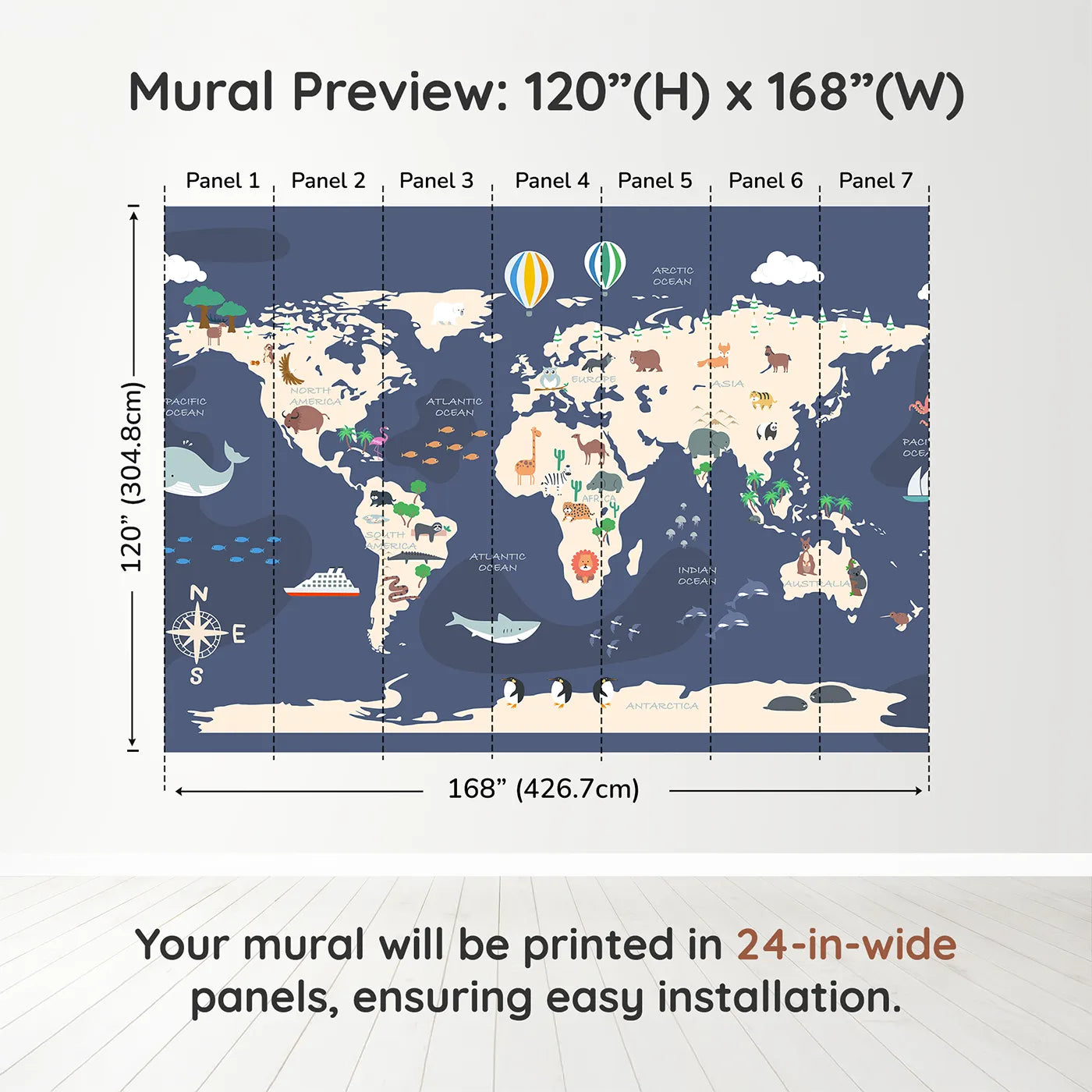 Whimsy Tots Cartoon World Map Adventure Wall Muraldimension view (120" H x 168" W). Printed in seven 24-inch-wide panels. Gender-Neutral