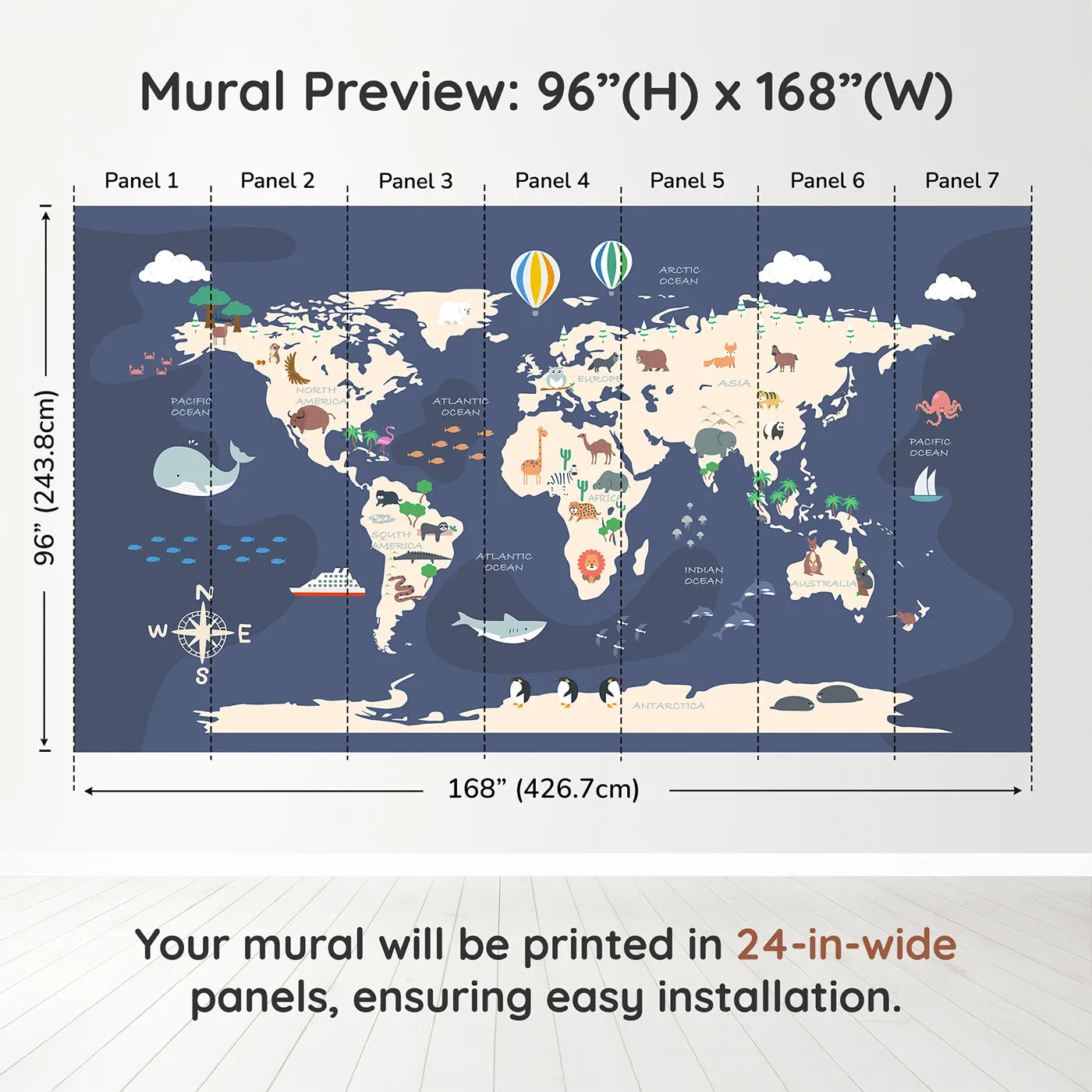 Whimsy Tots Cartoon World Map Adventure Wall Muraldimension view (96" H x 168" W). Printed in seven 24-inch-wide panels. Gender-Neutral