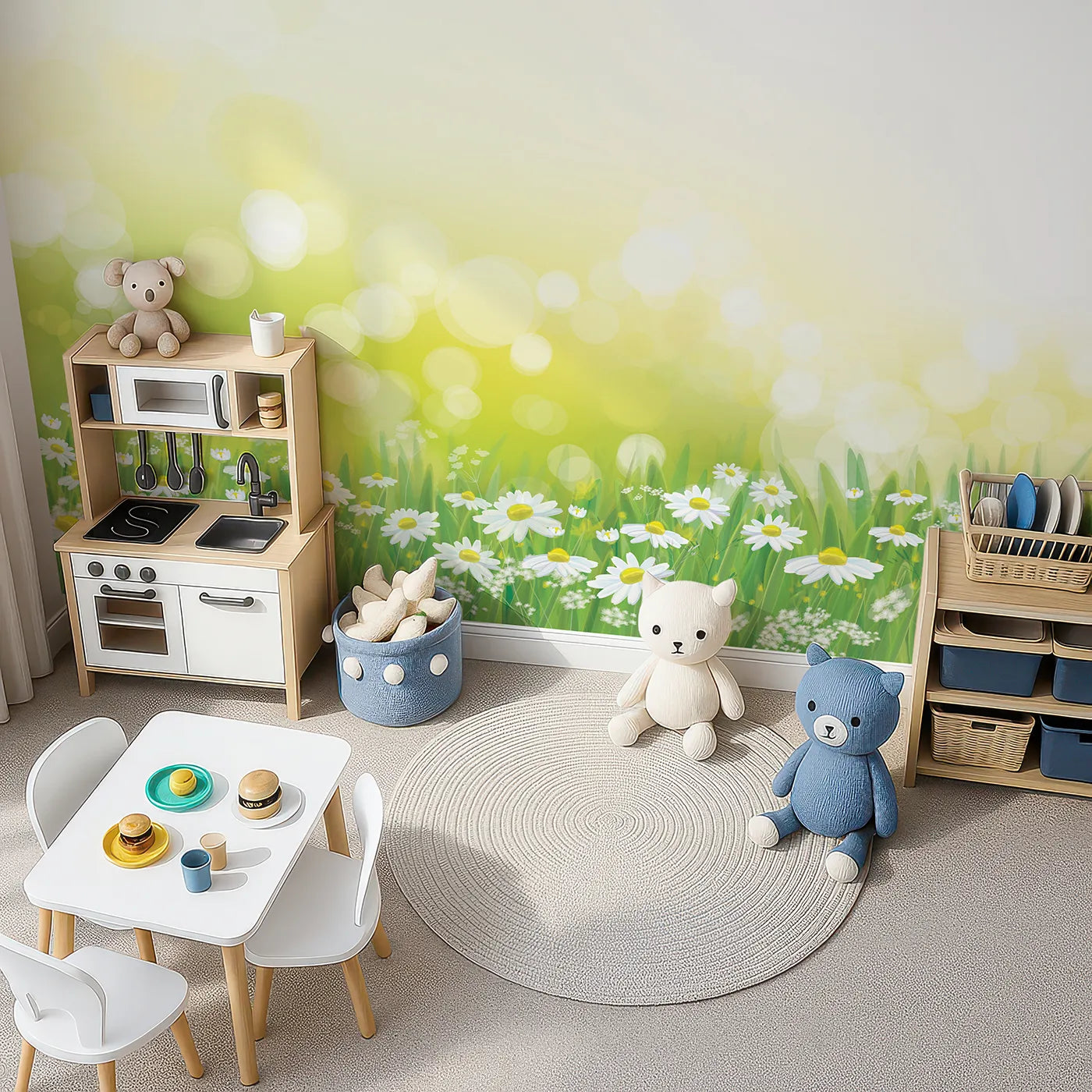 Top-down view of Whimsy Tots' Summer Daisy Field Wall Mural (Turn Their Room into a Meadow of Sunshine).Gender-Neutral
