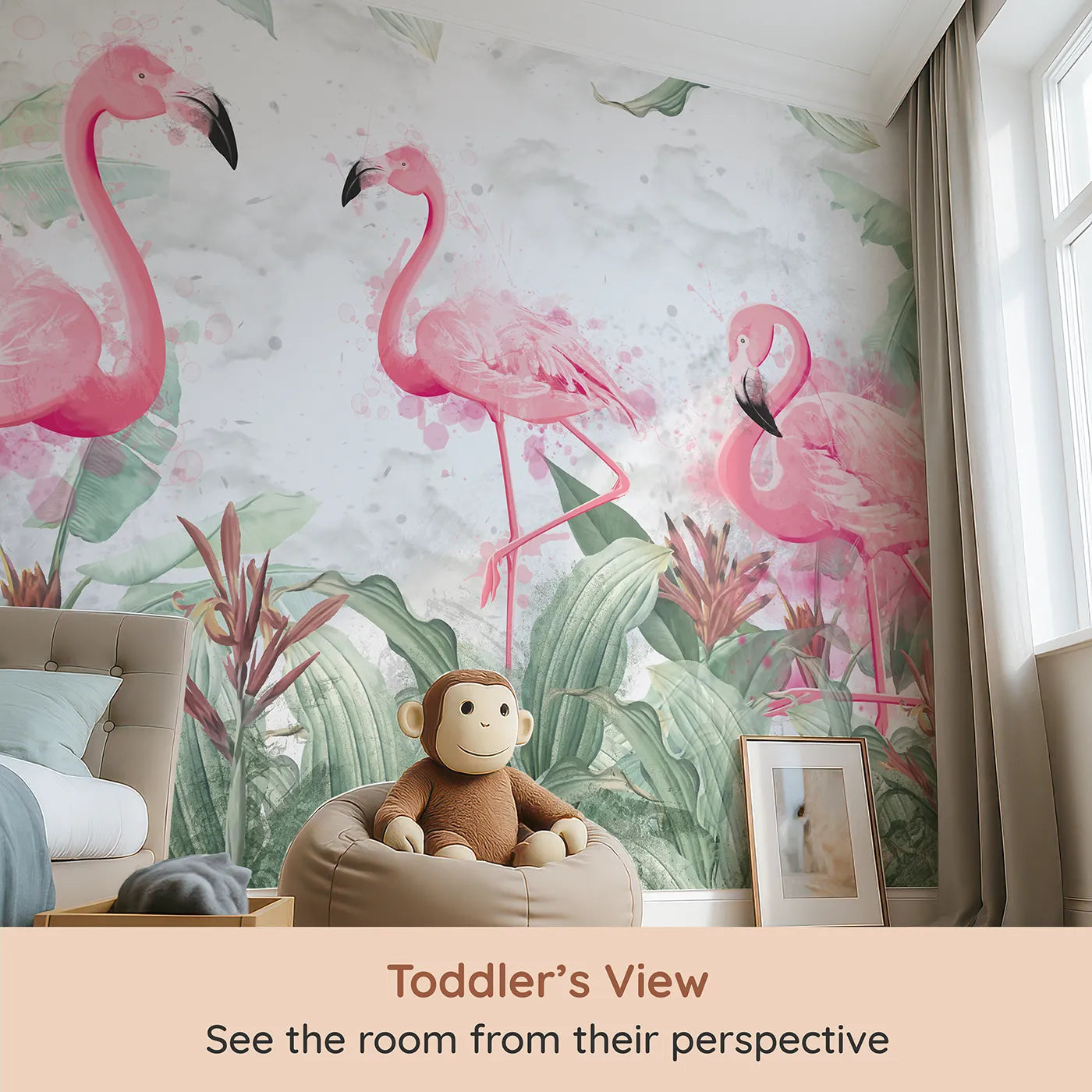 Whimsy Tots Watercolor Flamingo Jungle Wall Mural (Turn Their Room into a Chic Tropical Hideaway) from your child's view.Best for Girls