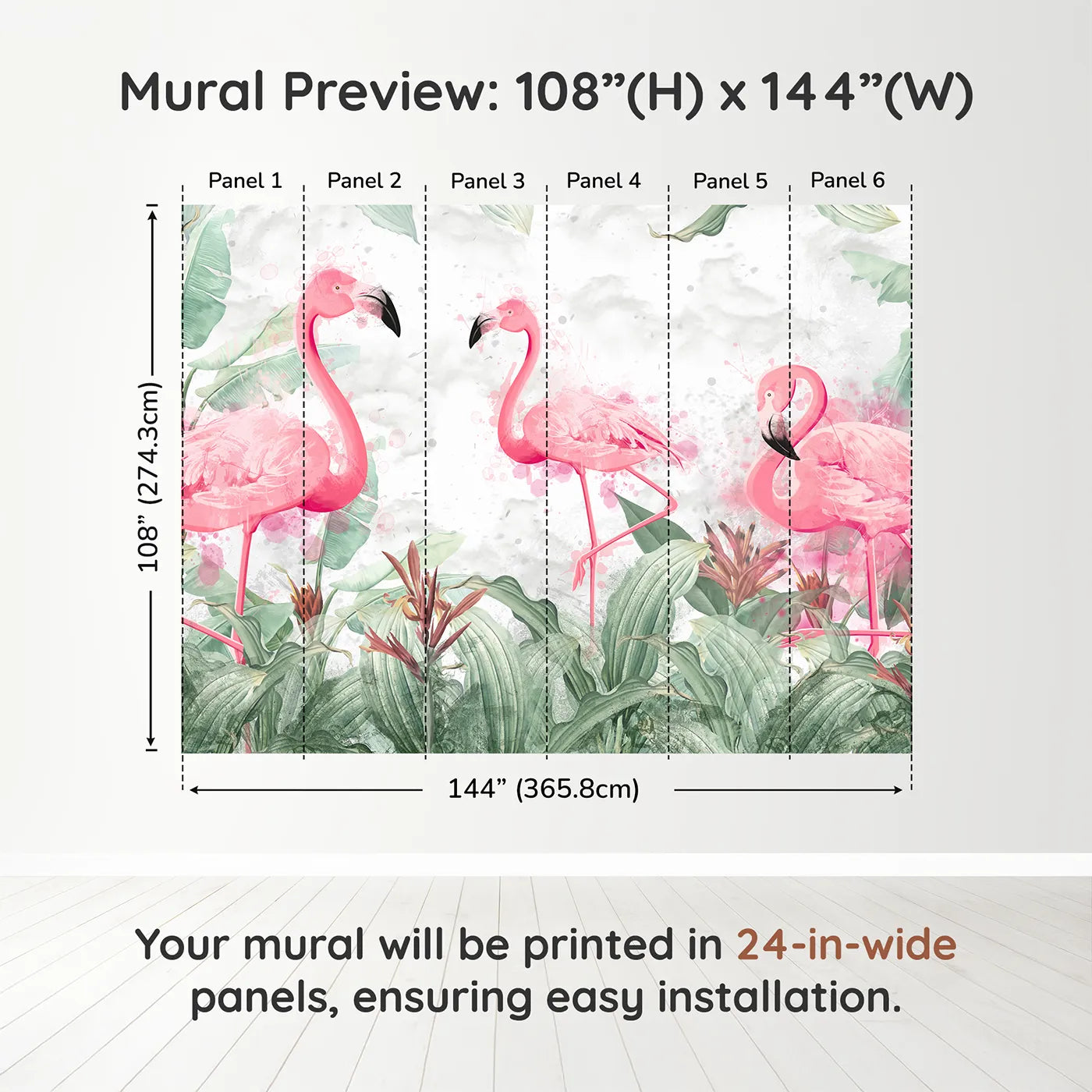 Whimsy Tots Watercolor Flamingo Jungle Wall Muraldimension view (108" H x 144" W). Printed in six 24-inch-wide panels. Best for Girls