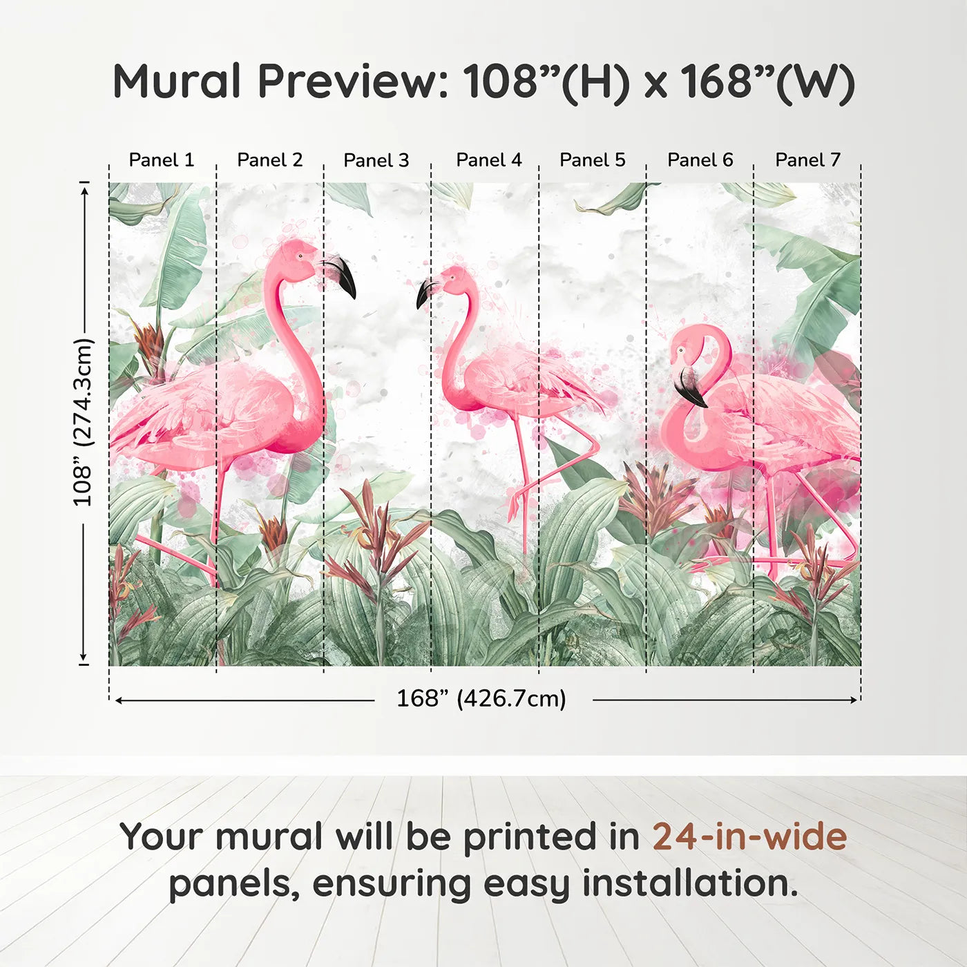 Whimsy Tots Watercolor Flamingo Jungle Wall Muraldimension view (108" H x 168" W). Printed in seven 24-inch-wide panels. Best for Girls