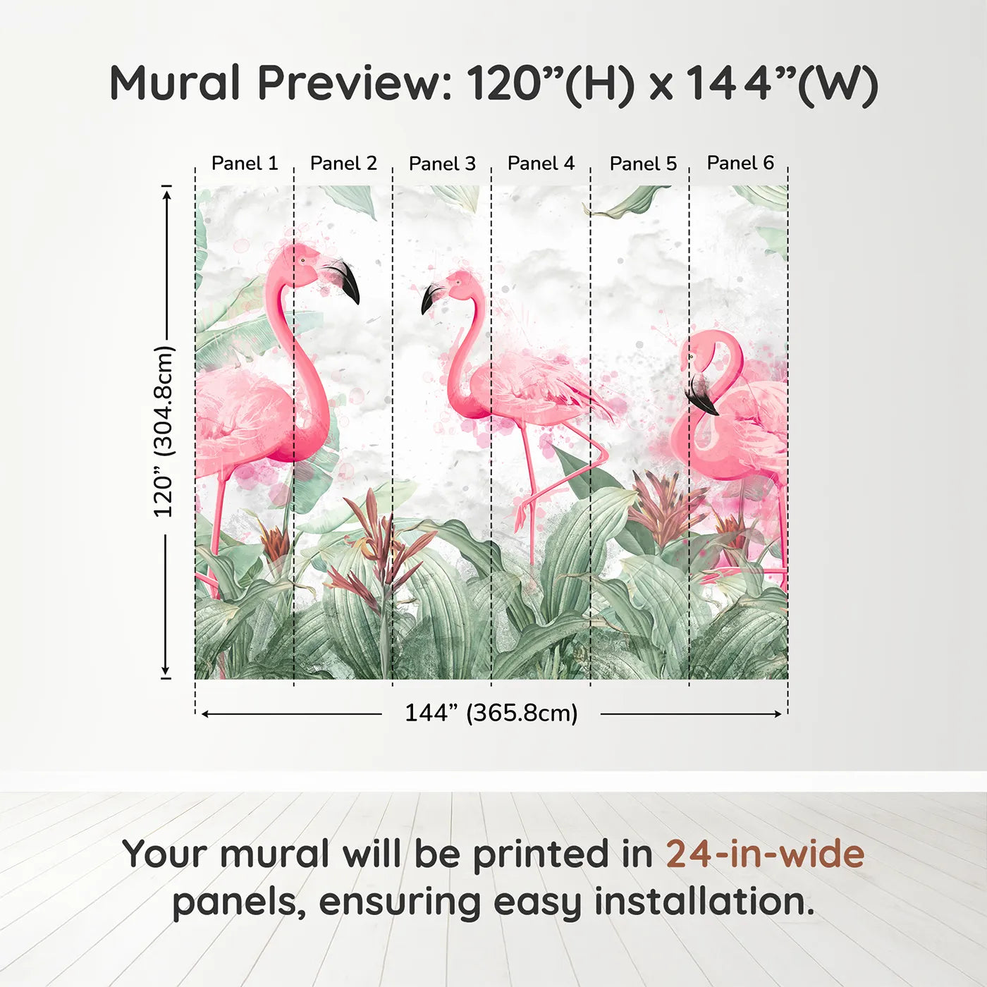 Whimsy Tots Watercolor Flamingo Jungle Wall Muraldimension view (120" H x 144" W). Printed in six 24-inch-wide panels. Best for Girls