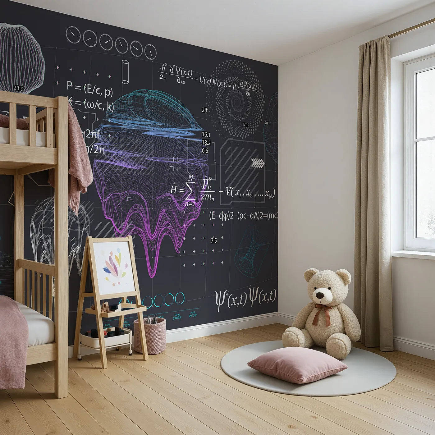 Angled view of Whimsy Tots' Quantum Realm Wall Mural (Turn Their Room into a Mind-Bending Science Lab).Gender-Neutral
