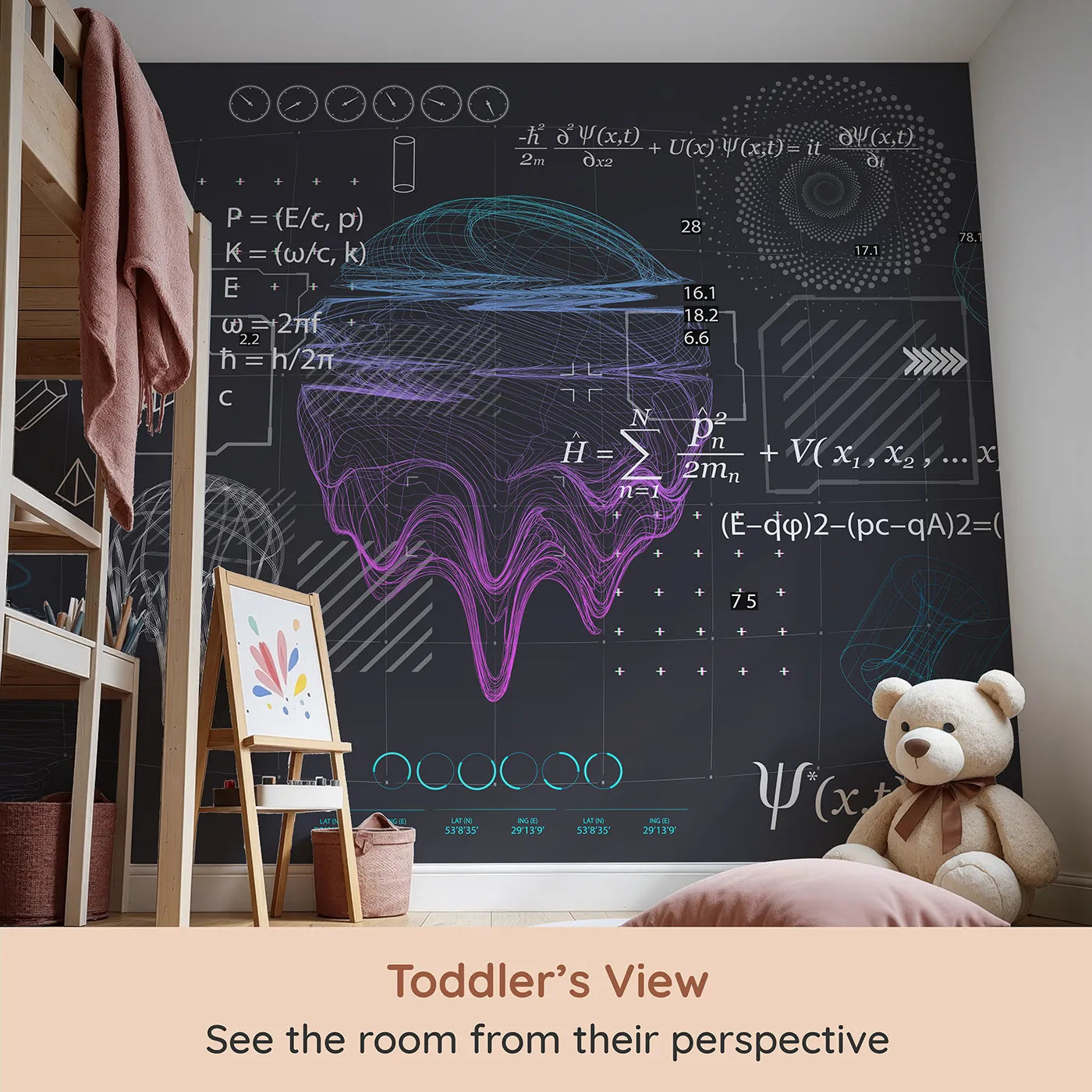 Whimsy Tots Quantum Realm Wall Mural (Turn Their Room into a Mind-Bending Science Lab) from your child's view.Gender-Neutral