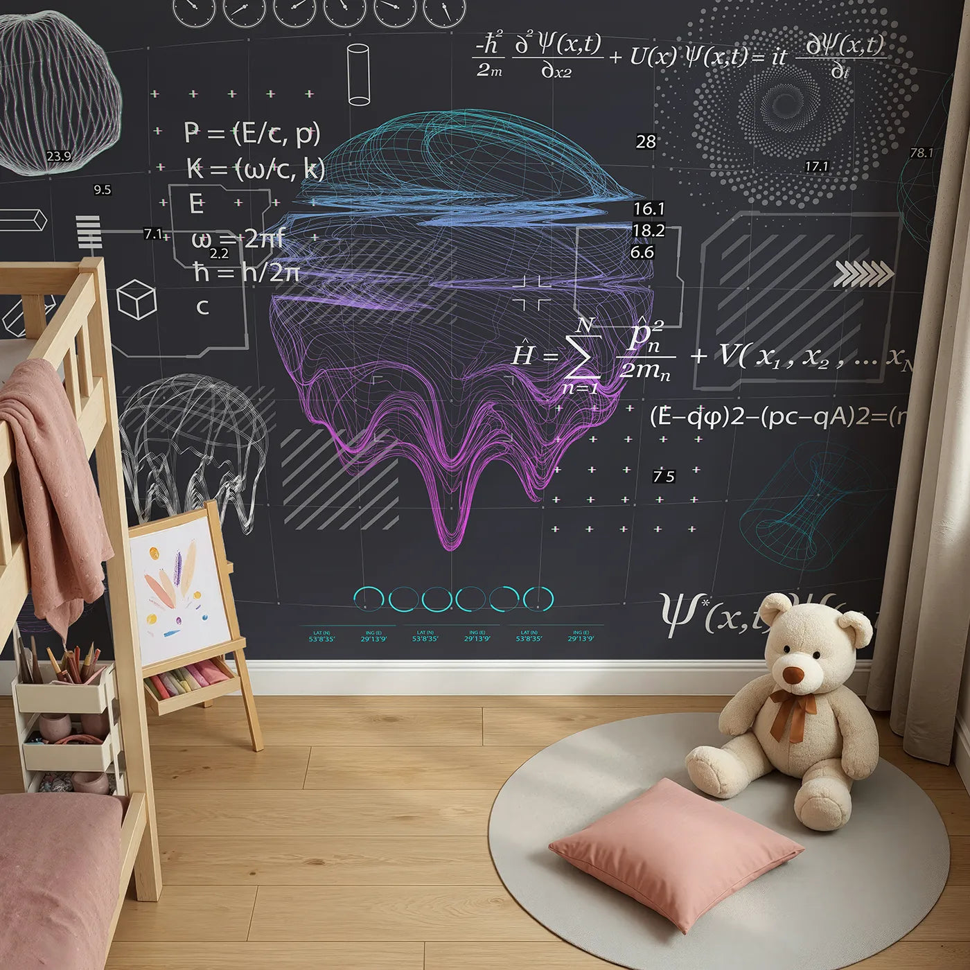 Top-down view of Whimsy Tots' Quantum Realm Wall Mural (Turn Their Room into a Mind-Bending Science Lab).Gender-Neutral