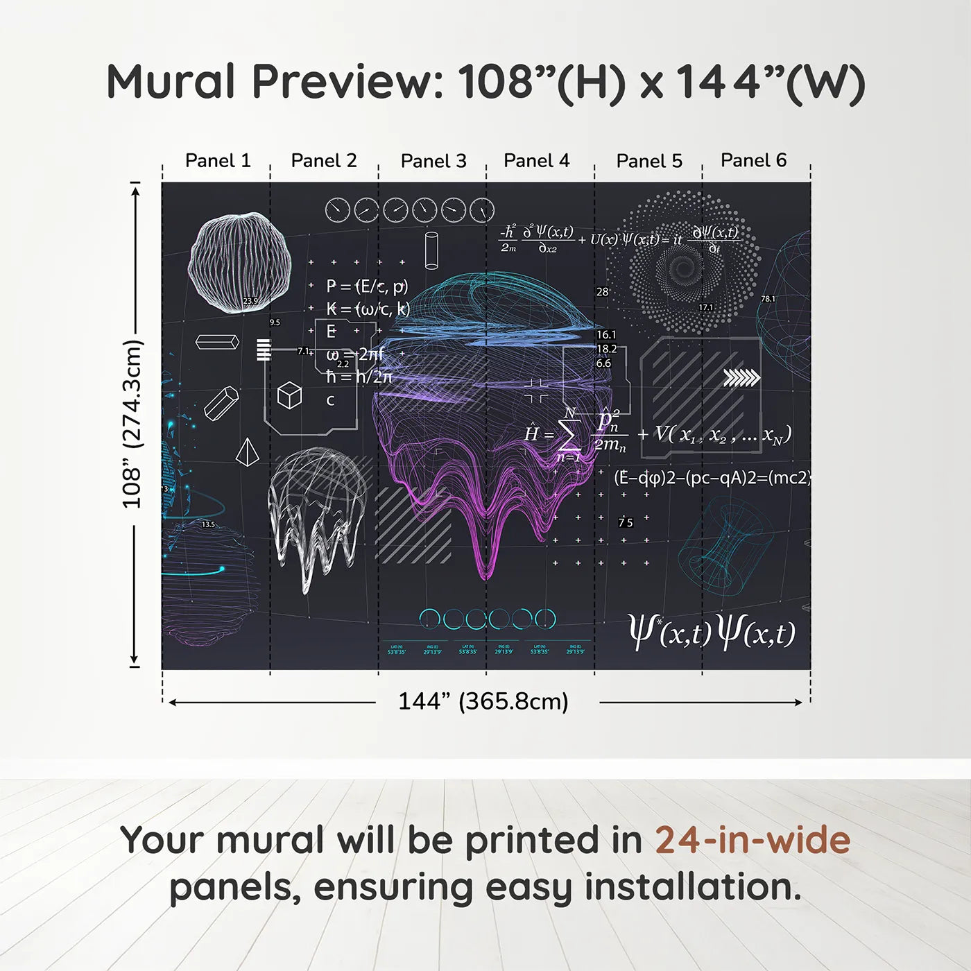 Whimsy Tots Quantum Realm Wall Muraldimension view (108" H x 144" W). Printed in six 24-inch-wide panels. Gender-Neutral