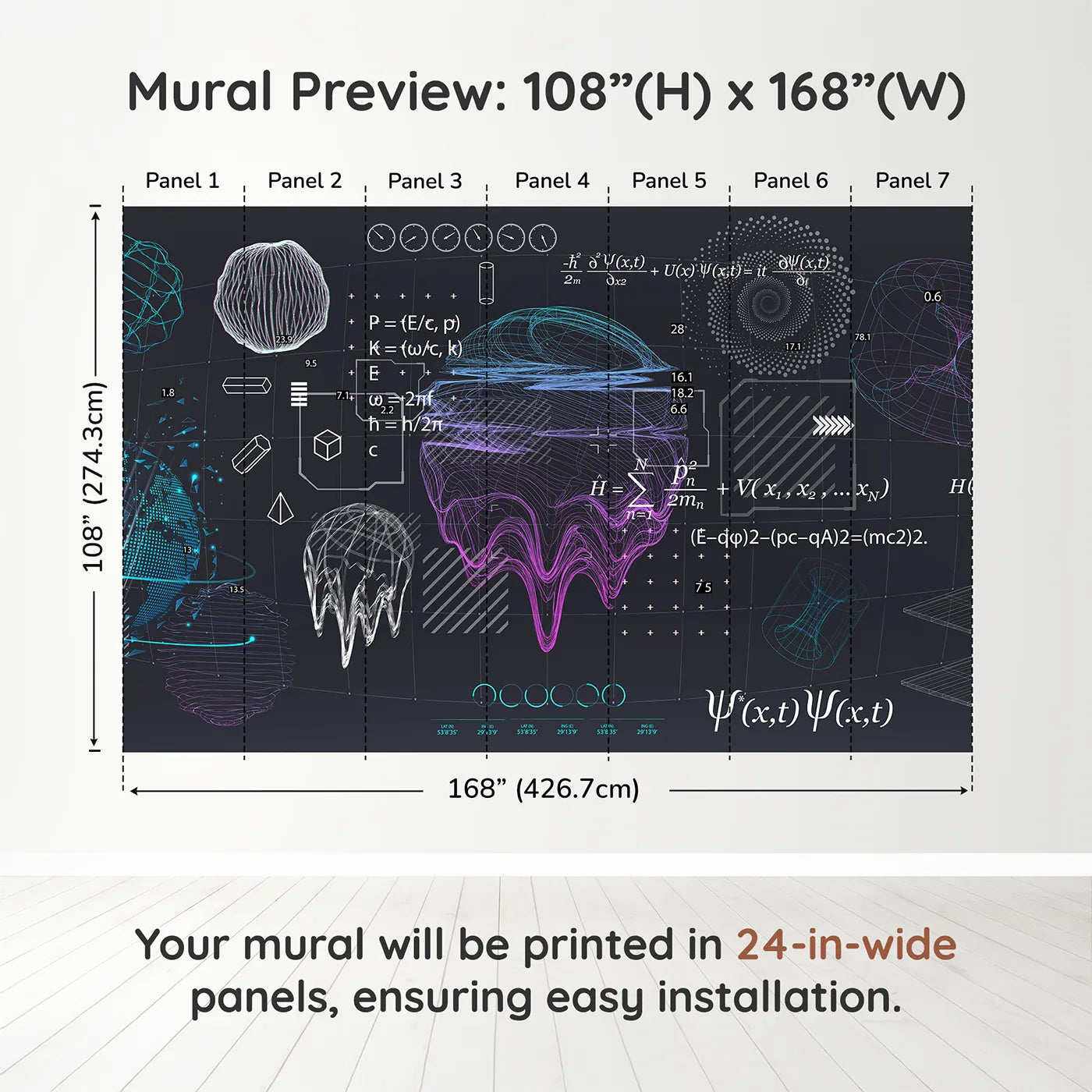 Whimsy Tots Quantum Realm Wall Muraldimension view (108" H x 168" W). Printed in seven 24-inch-wide panels. Gender-Neutral