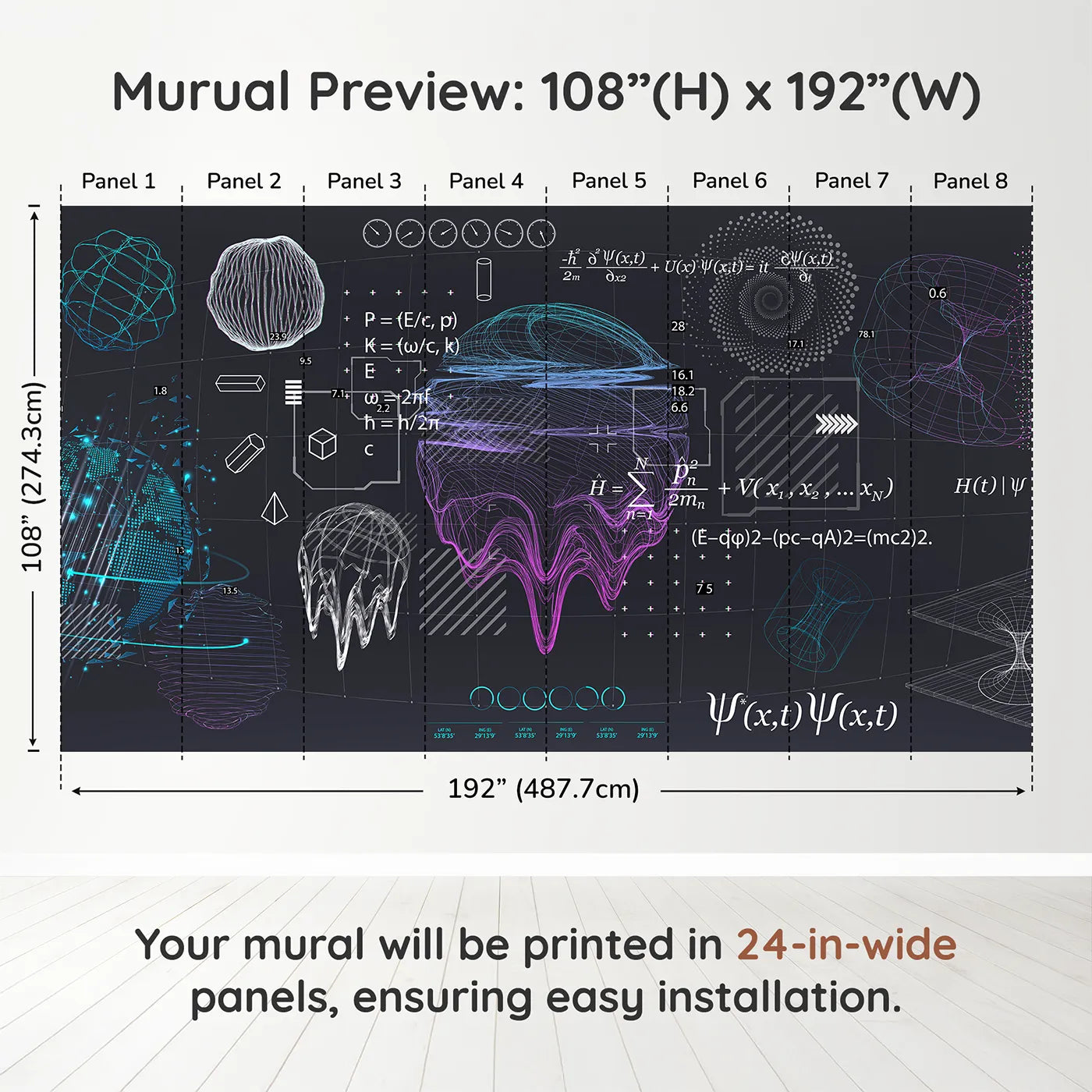 Whimsy Tots Quantum Realm Wall Muraldimension view (108" H x 192" W). Printed in eight 24-inch-wide panels. Gender-Neutral