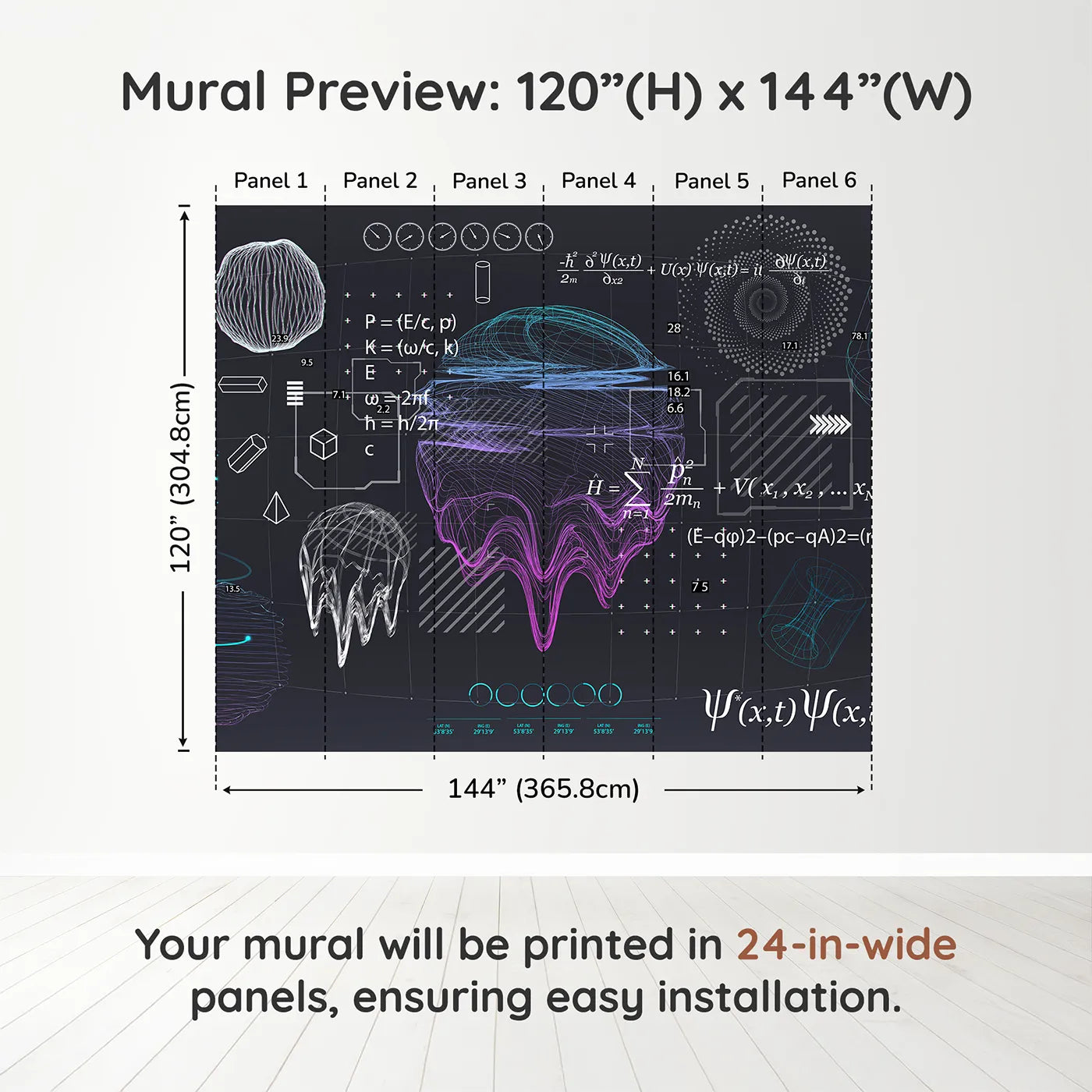 Whimsy Tots Quantum Realm Wall Muraldimension view (120" H x 144" W). Printed in six 24-inch-wide panels. Gender-Neutral