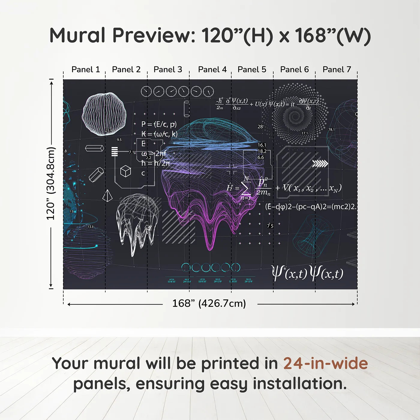 Whimsy Tots Quantum Realm Wall Muraldimension view (120" H x 168" W). Printed in seven 24-inch-wide panels. Gender-Neutral