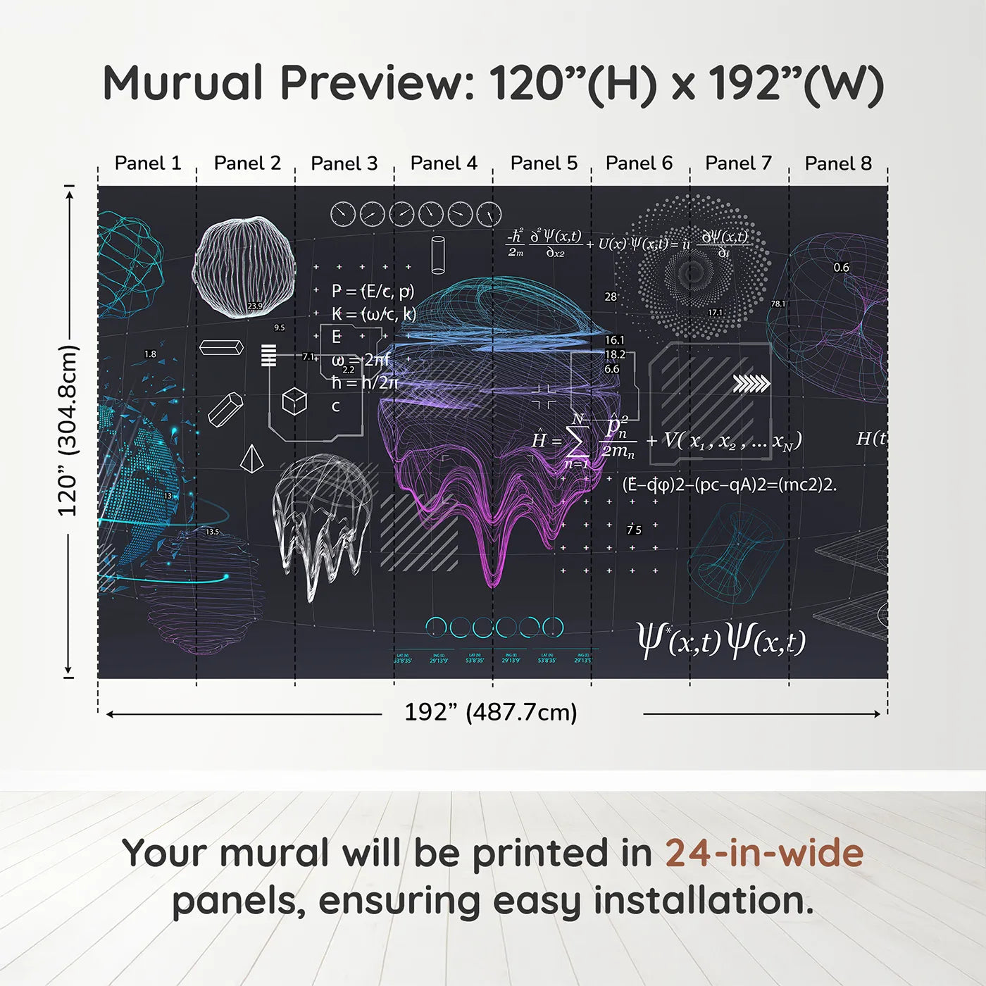 Whimsy Tots Quantum Realm Wall Muraldimension view (120" H x 192" W). Printed in eight 24-inch-wide panels. Gender-Neutral