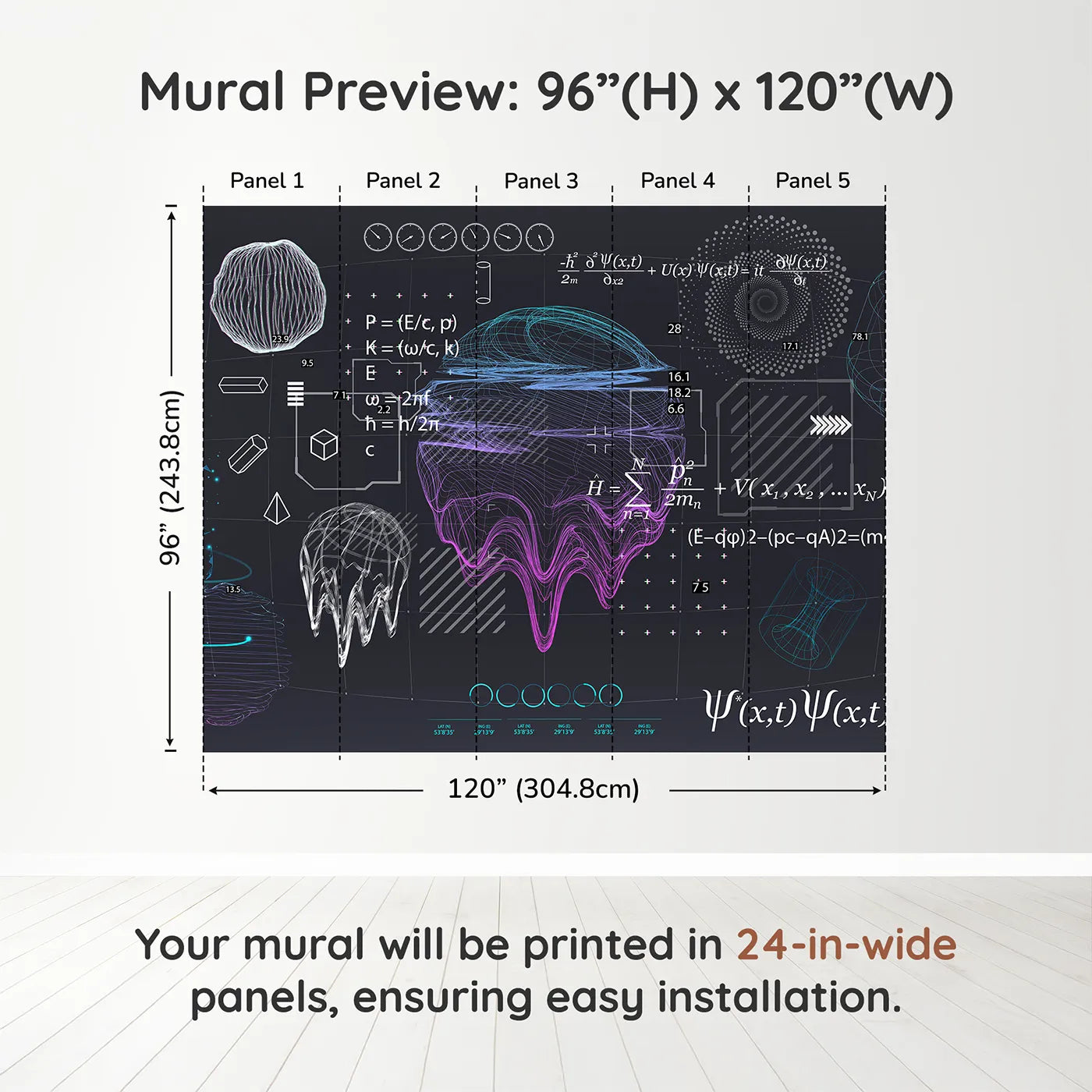 Whimsy Tots Quantum Realm Wall Muraldimension view (96" H x 120" W). Printed in five 24-inch-wide panels. Gender-Neutral