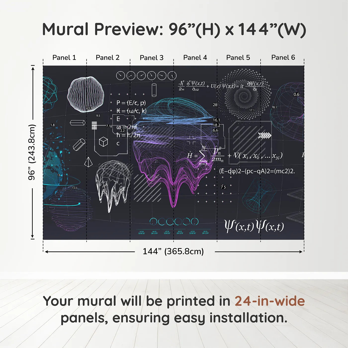 Whimsy Tots Quantum Realm Wall Muraldimension view (96" H x 144" W). Printed in six 24-inch-wide panels. Gender-Neutral