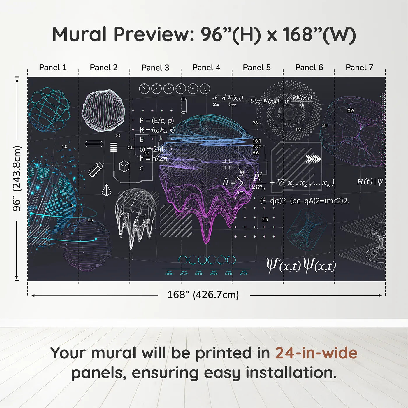 Whimsy Tots Quantum Realm Wall Muraldimension view (96" H x 168" W). Printed in seven 24-inch-wide panels. Gender-Neutral