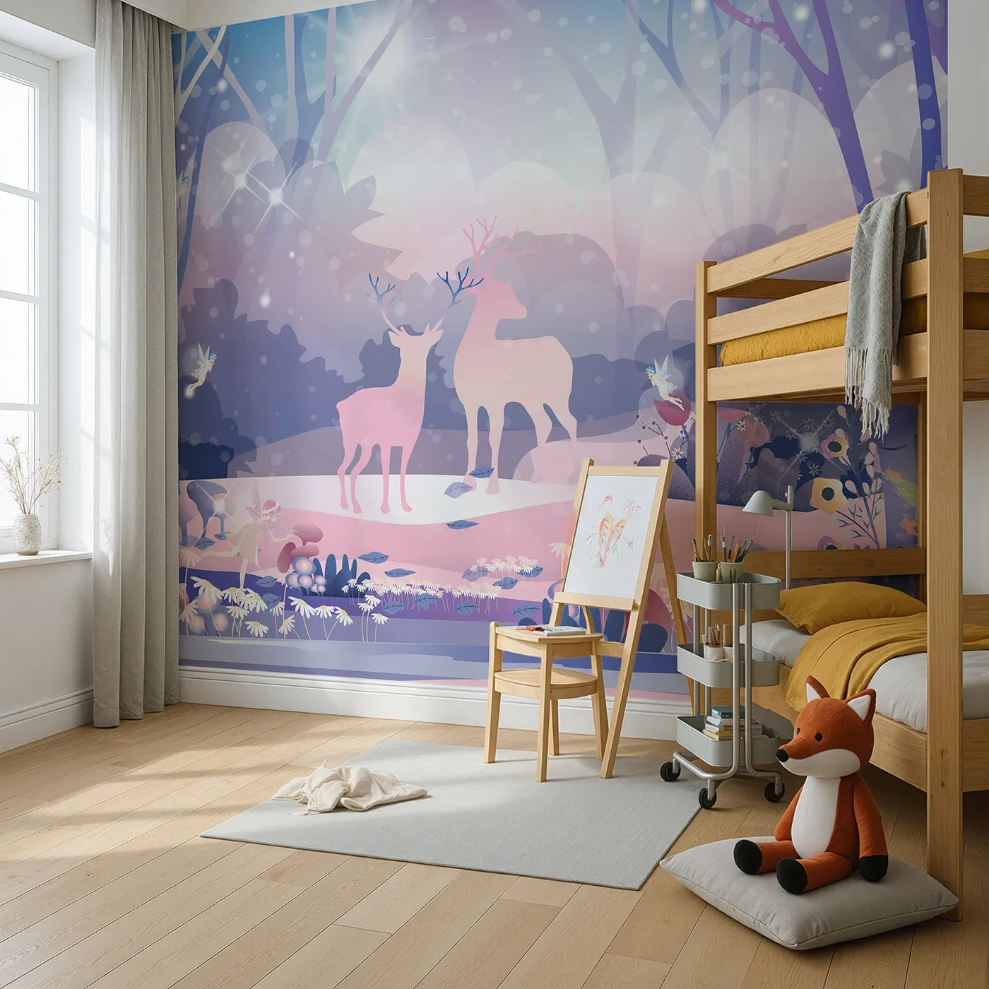 Angled view of Whimsy Tots' Enchanted Winter Forest Wall Mural (Turn Their Room into a Magical, Moonlit Wonderland).Best for Girls