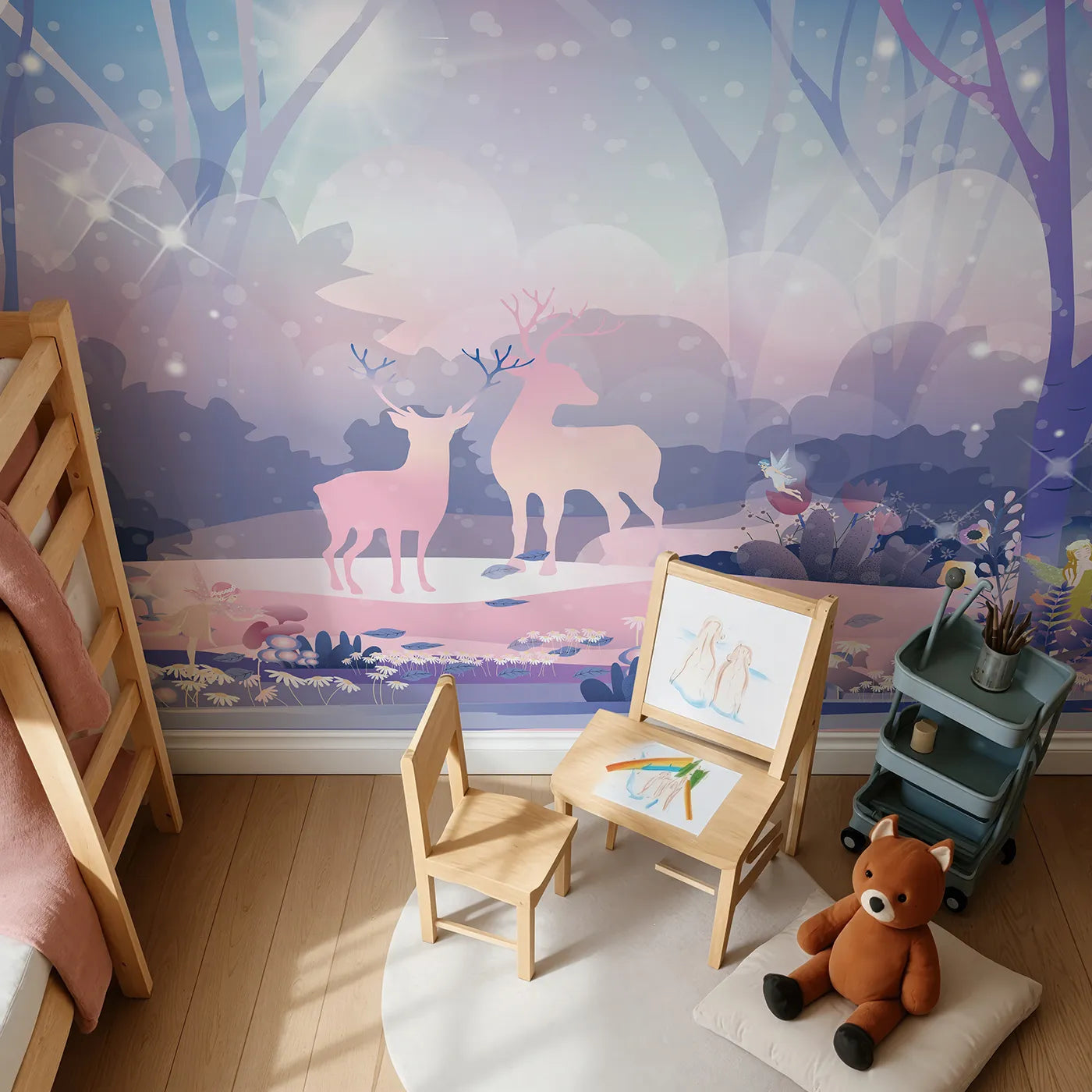 Top-down view of Whimsy Tots' Enchanted Winter Forest Wall Mural (Turn Their Room into a Magical, Moonlit Wonderland).Best for Girls