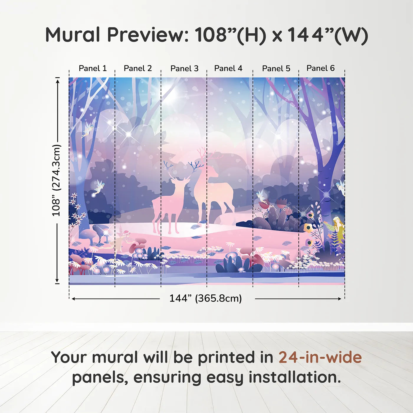 Whimsy Tots Enchanted Winter Forest Wall Muraldimension view (108" H x 144" W). Printed in six 24-inch-wide panels. Best for Girls
