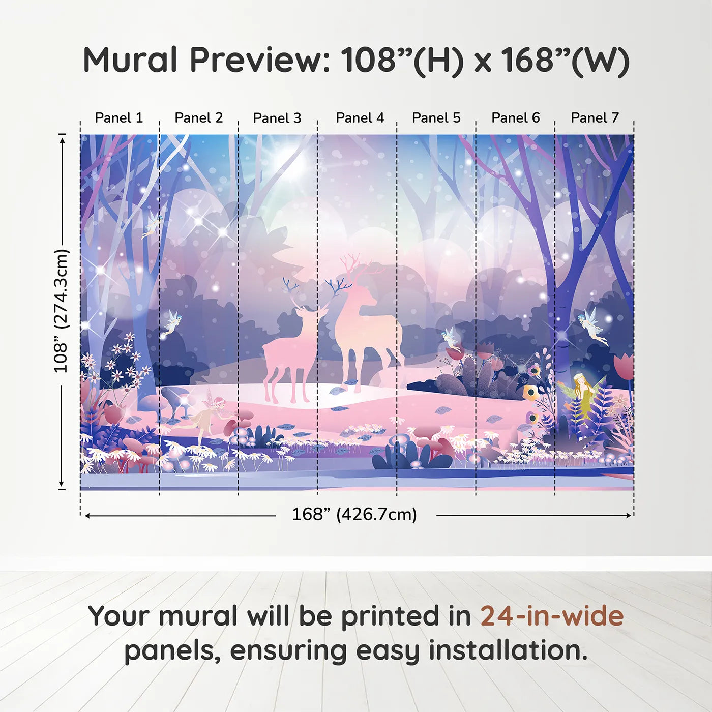 Whimsy Tots Enchanted Winter Forest Wall Muraldimension view (108" H x 168" W). Printed in seven 24-inch-wide panels. Best for Girls