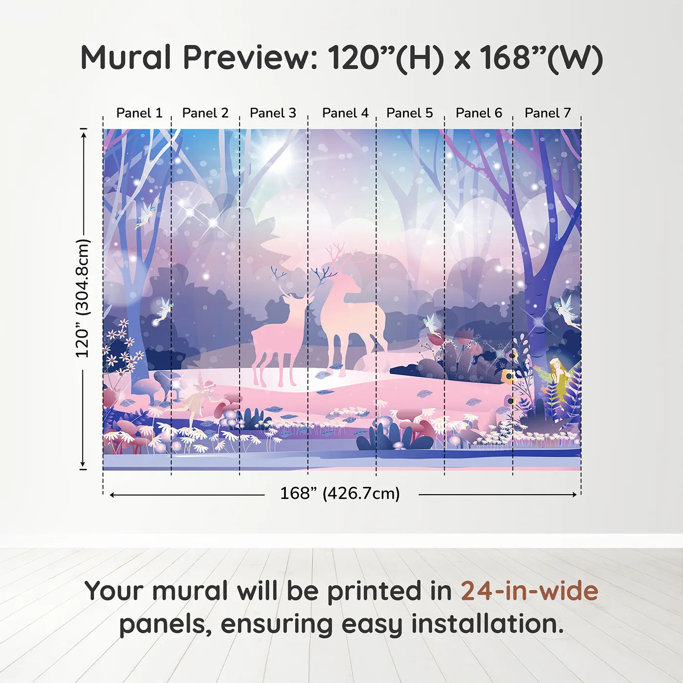 Whimsy Tots Enchanted Winter Forest Wall Muraldimension view (120" H x 168" W). Printed in seven 24-inch-wide panels. Best for Girls