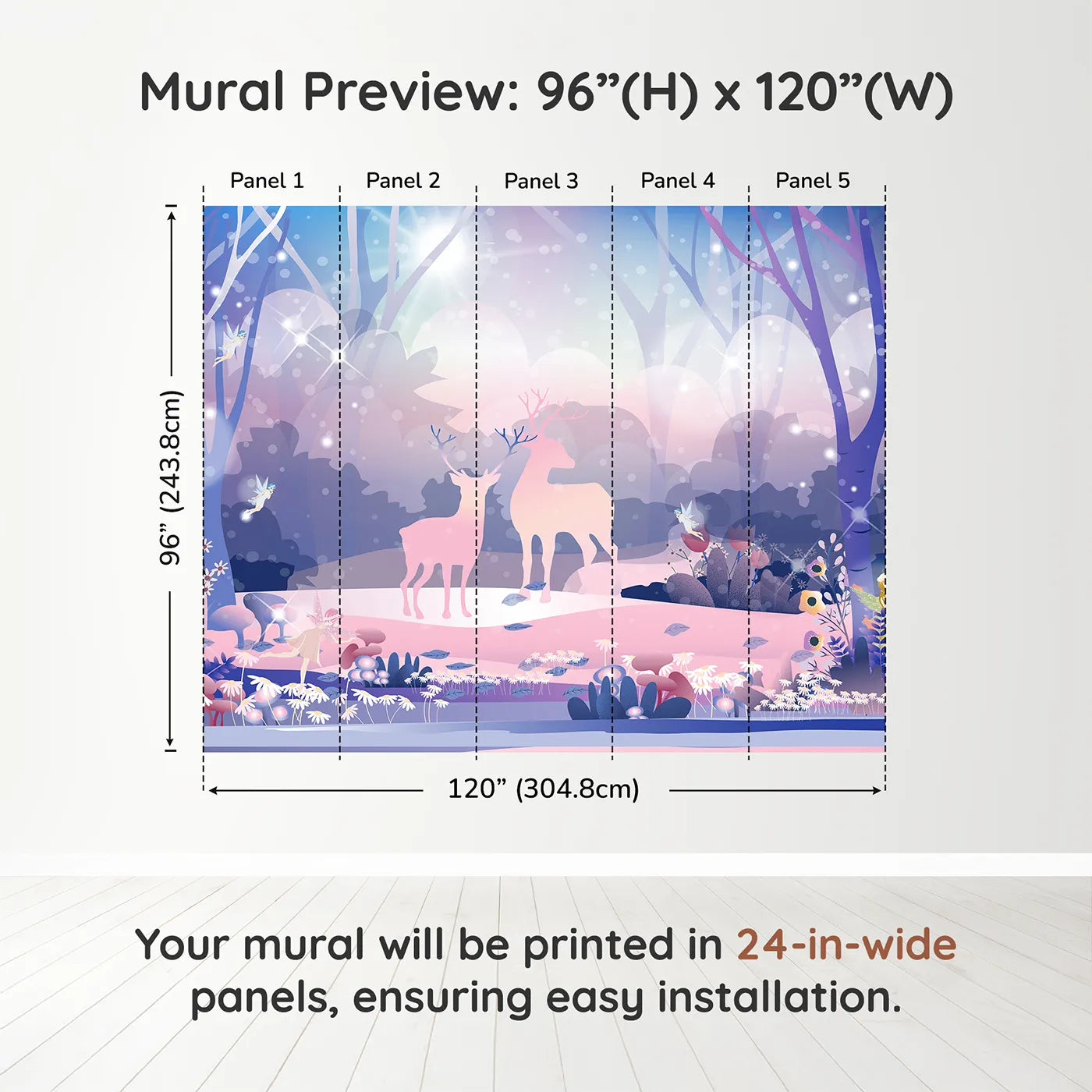 Whimsy Tots Enchanted Winter Forest Wall Muraldimension view (96" H x 120" W). Printed in five 24-inch-wide panels. Best for Girls