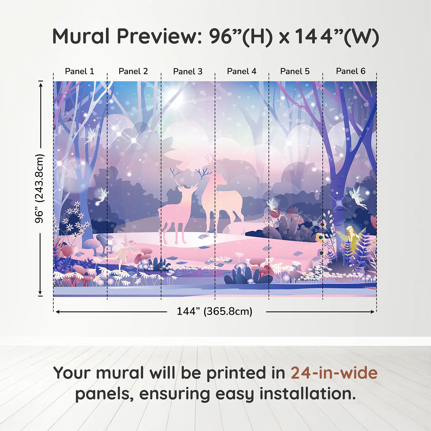 Whimsy Tots Enchanted Winter Forest Wall Muraldimension view (96" H x 144" W). Printed in six 24-inch-wide panels. Best for Girls