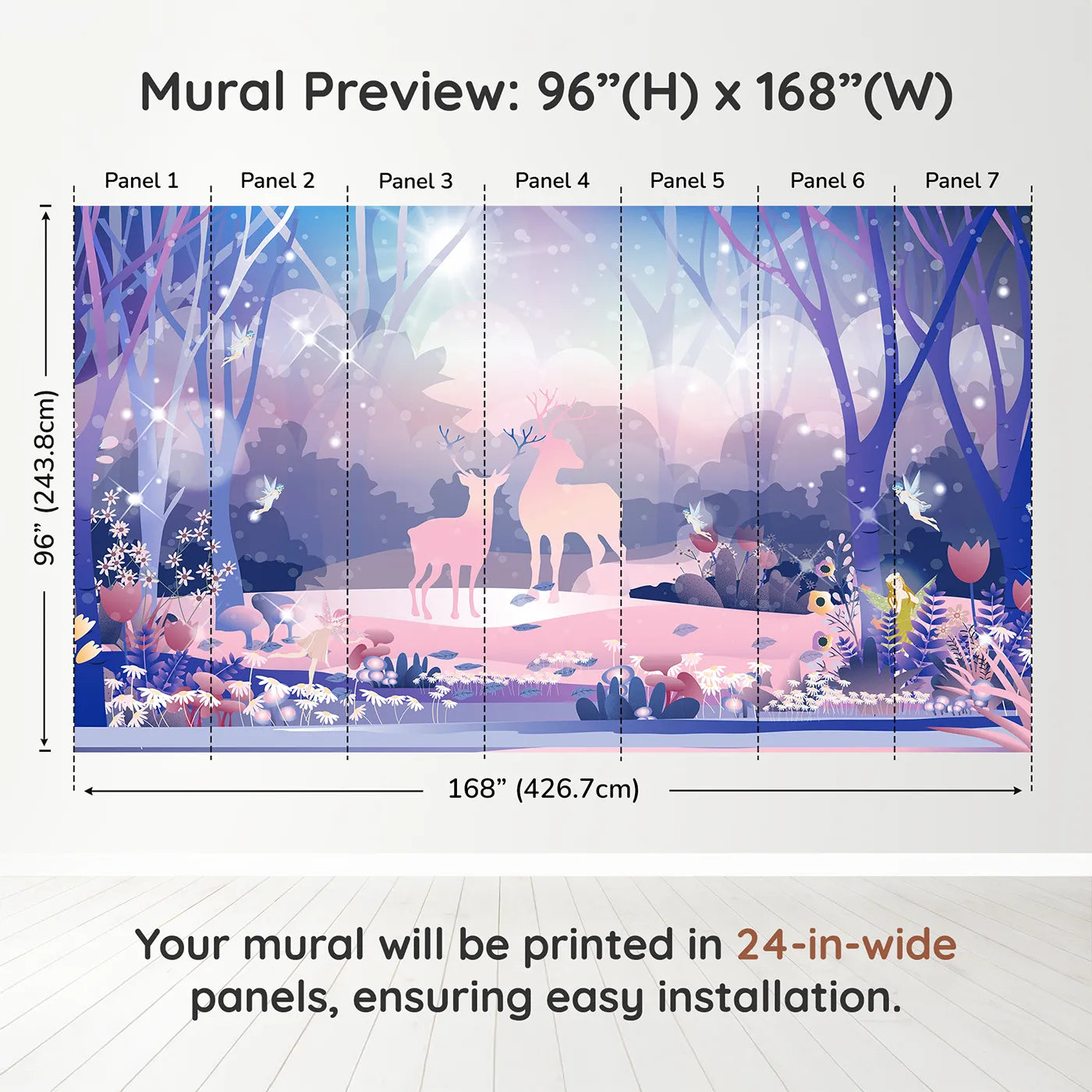 Whimsy Tots Enchanted Winter Forest Wall Muraldimension view (96" H x 168" W). Printed in seven 24-inch-wide panels. Best for Girls