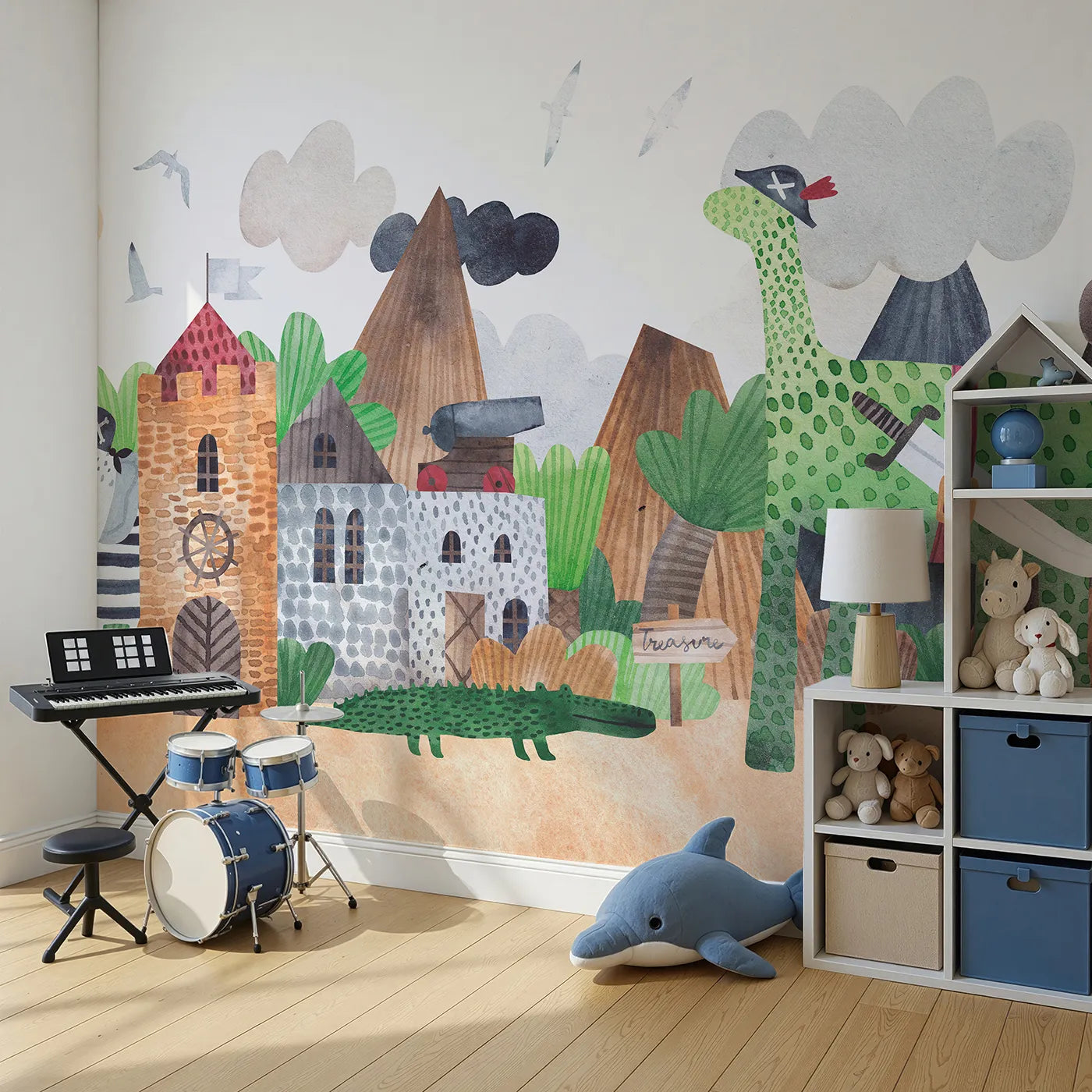 Angled view of Whimsy Tots' Pirate Animal Adventure Wall Mural (Turn Their Room into a Swashbuckling Safari).Best for Boys