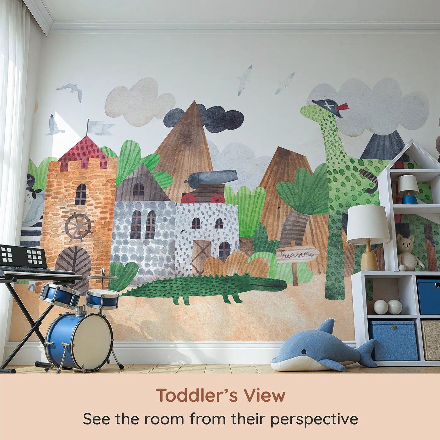 Whimsy Tots Pirate Animal Adventure Wall Mural (Turn Their Room into a Swashbuckling Safari) from your child's view.Best for Boys