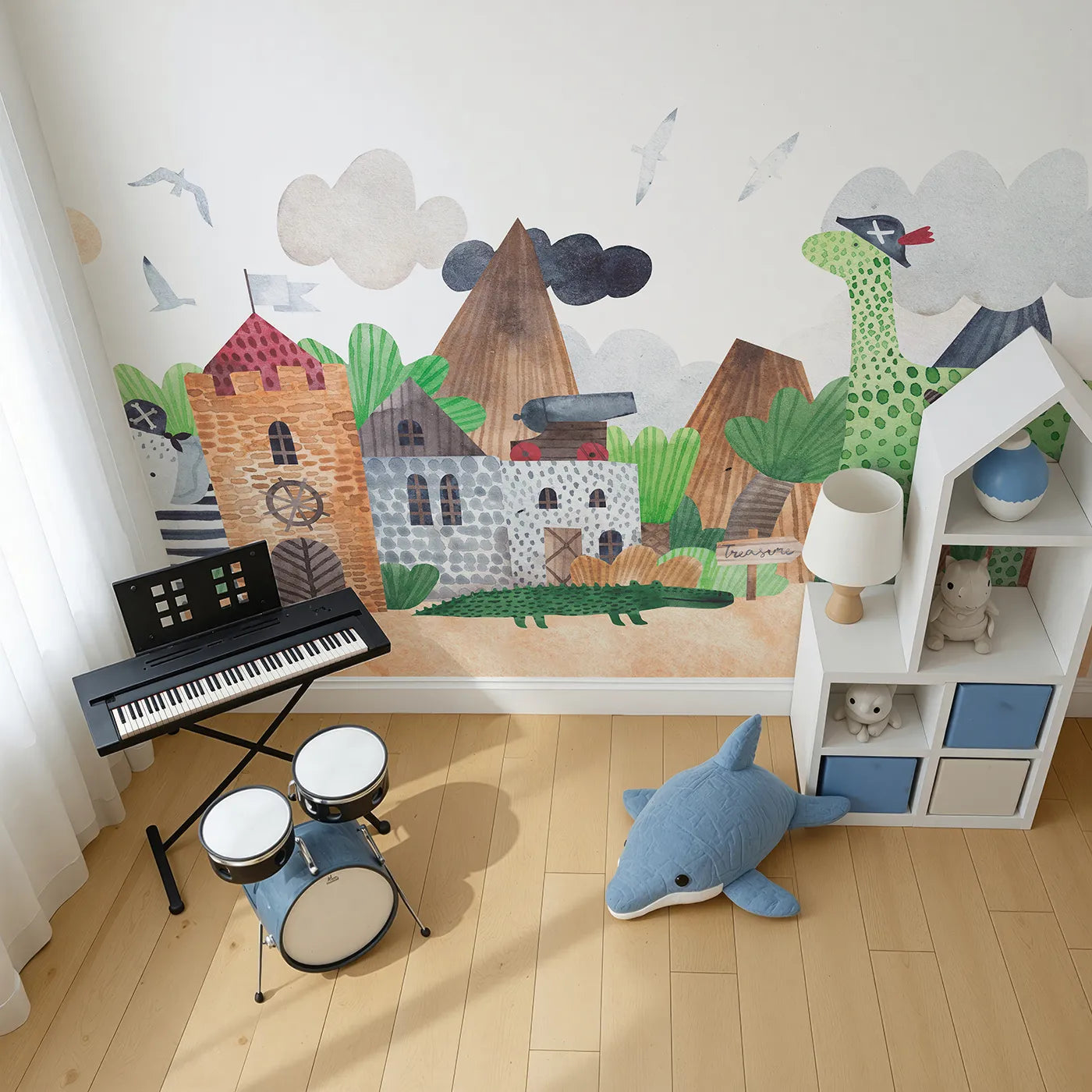 Top-down view of Whimsy Tots' Pirate Animal Adventure Wall Mural (Turn Their Room into a Swashbuckling Safari).Best for Boys