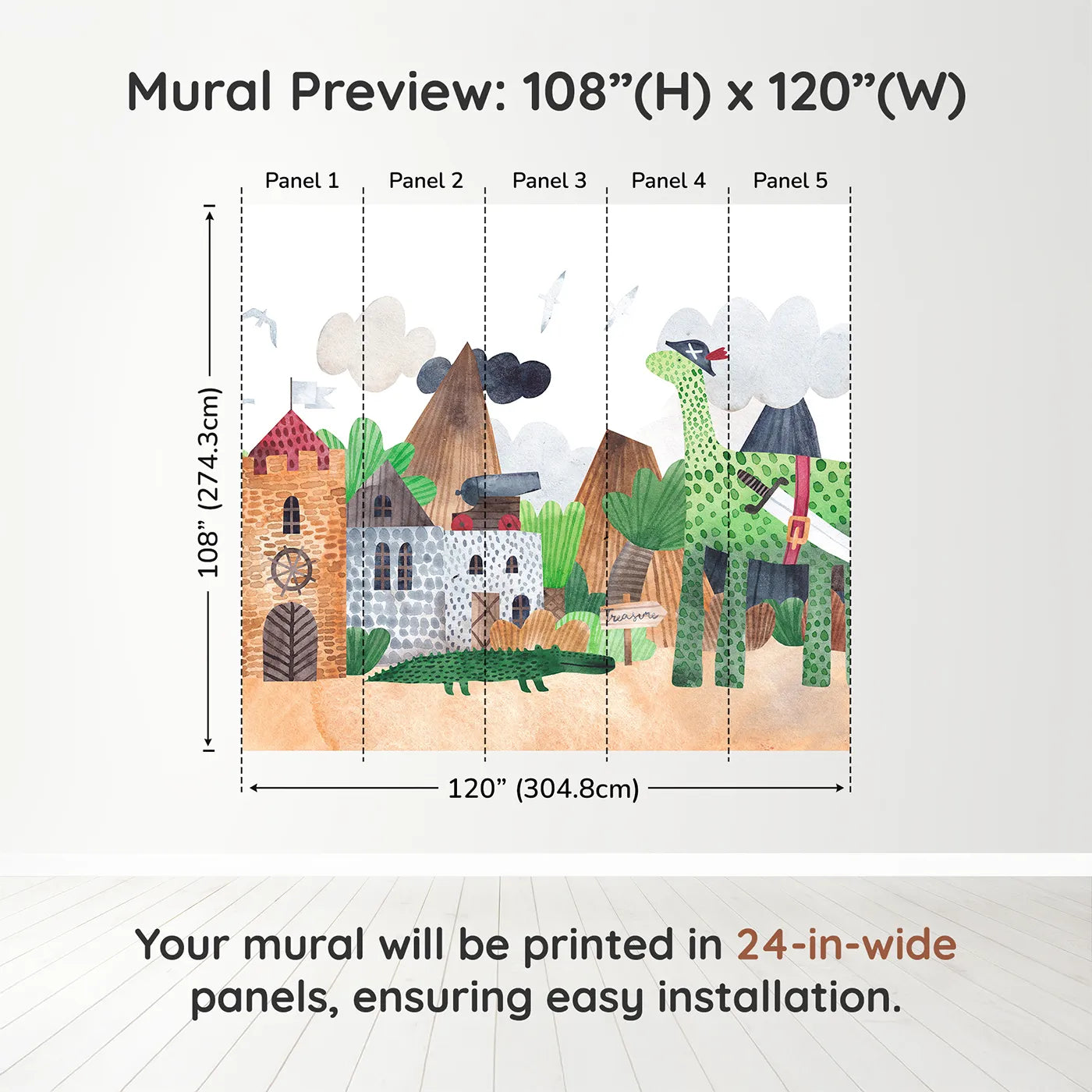 Whimsy Tots Pirate Animal Adventure Wall Muraldimension view (108" H x 120" W). Printed in five 24-inch-wide panels. Best for Boys