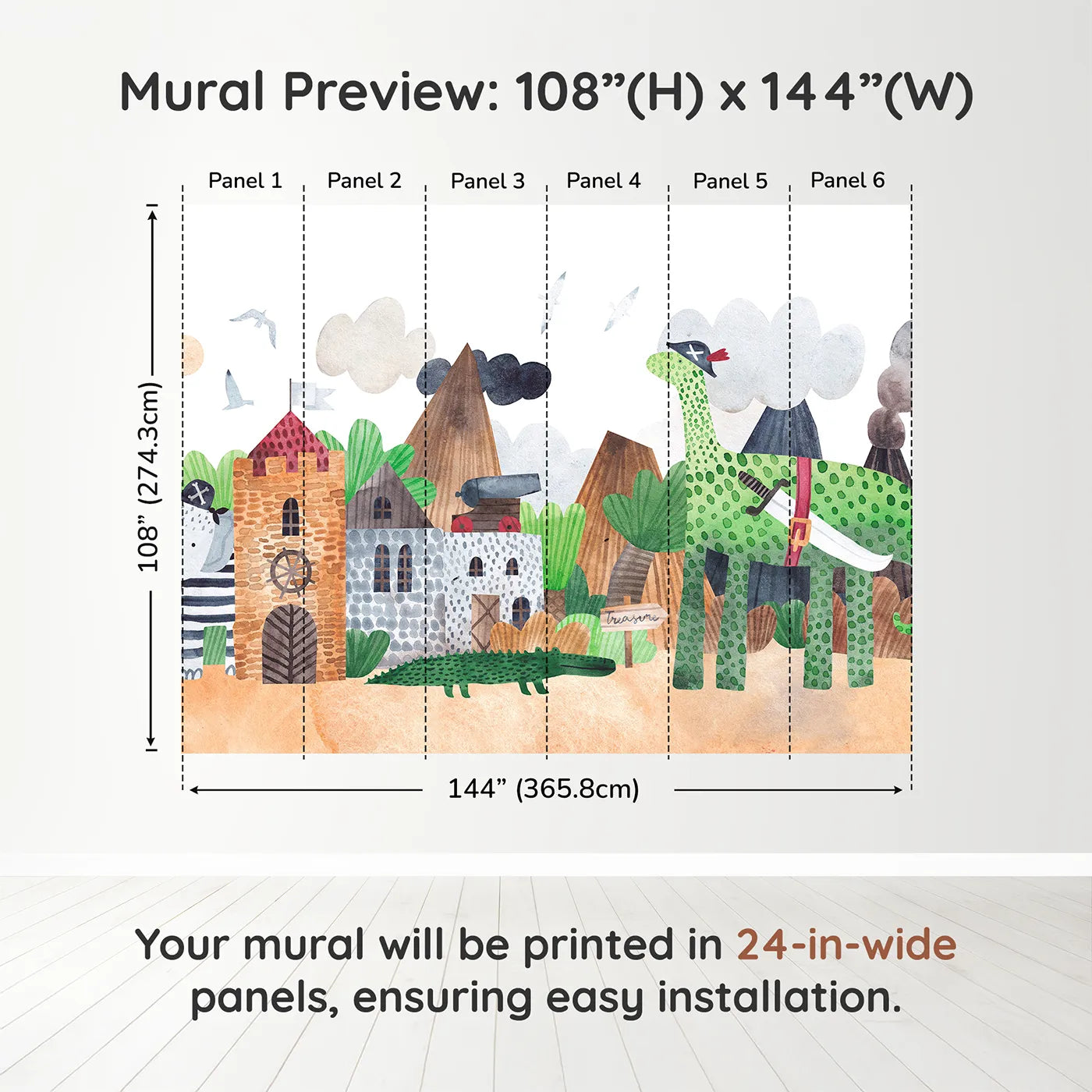 Whimsy Tots Pirate Animal Adventure Wall Muraldimension view (108" H x 144" W). Printed in six 24-inch-wide panels. Best for Boys