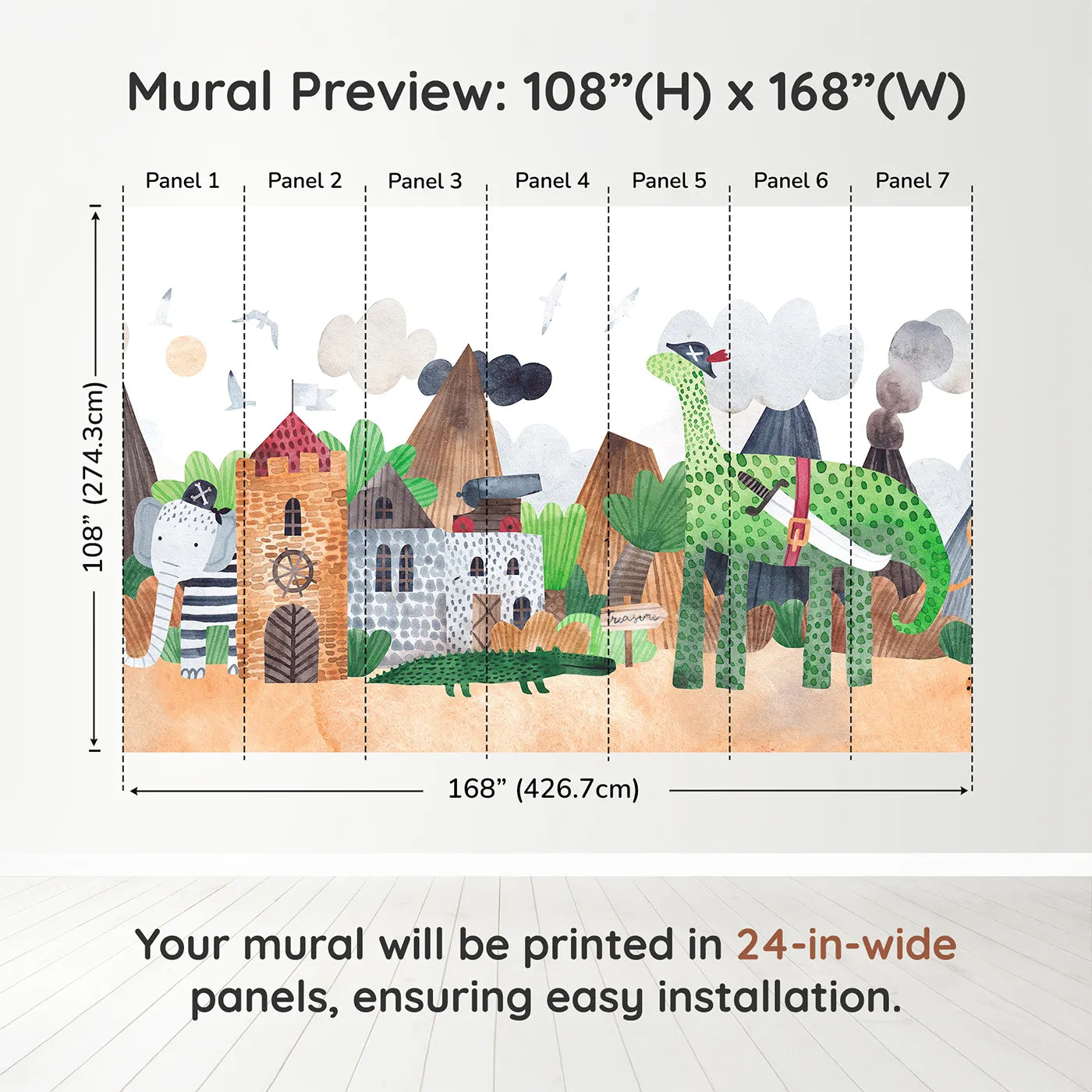 Whimsy Tots Pirate Animal Adventure Wall Muraldimension view (108" H x 168" W). Printed in seven 24-inch-wide panels. Best for Boys