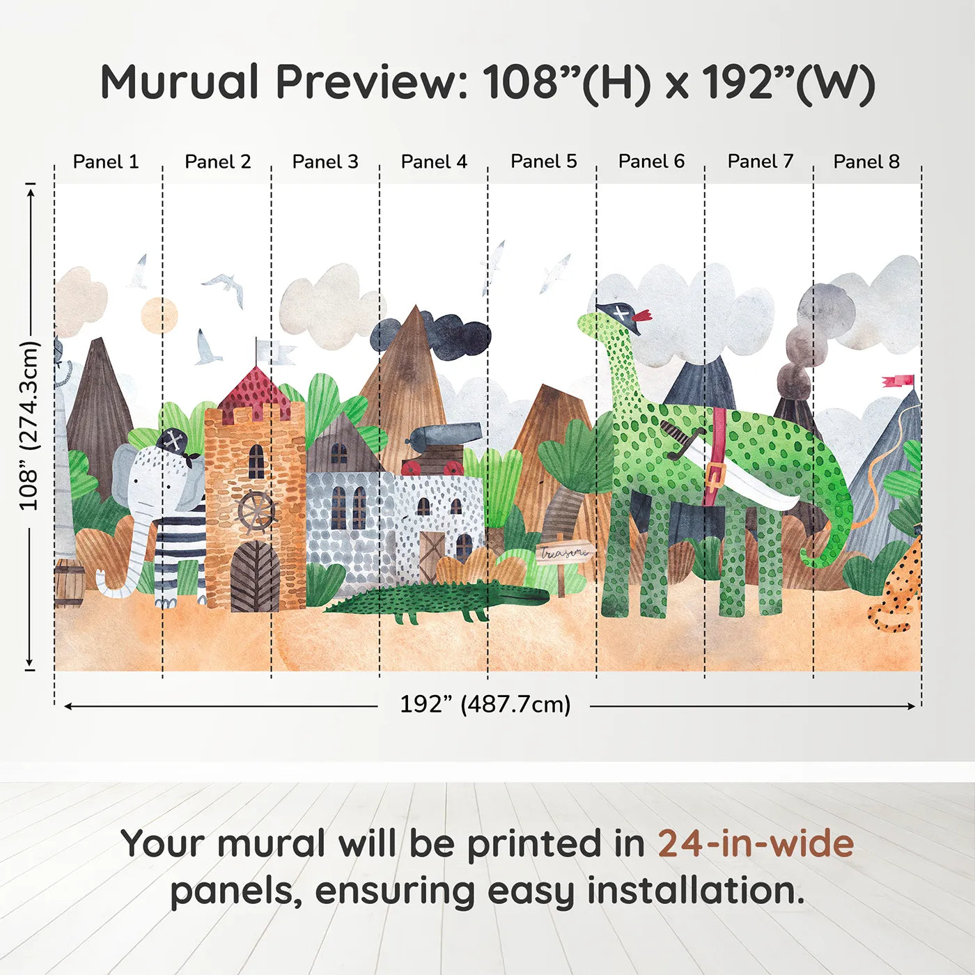 Whimsy Tots Pirate Animal Adventure Wall Muraldimension view (108" H x 192" W). Printed in eight 24-inch-wide panels. Best for Boys