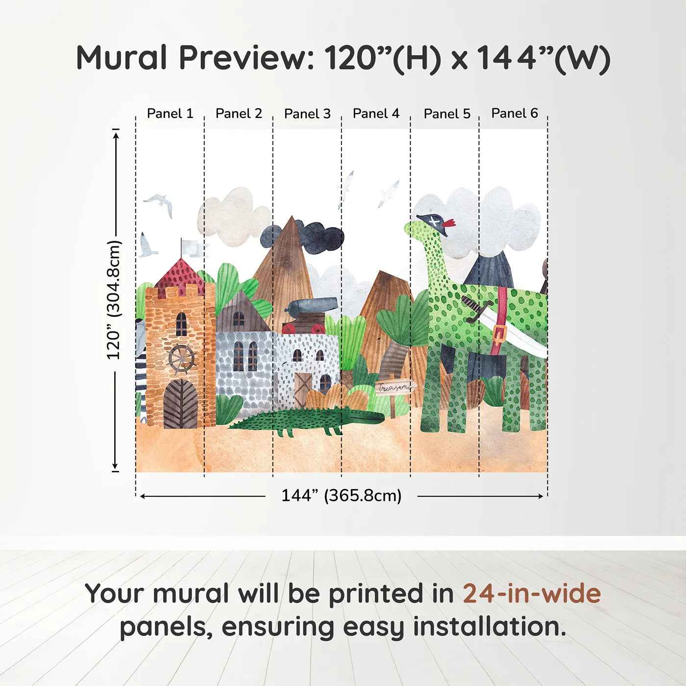 Whimsy Tots Pirate Animal Adventure Wall Muraldimension view (120" H x 144" W). Printed in six 24-inch-wide panels. Best for Boys