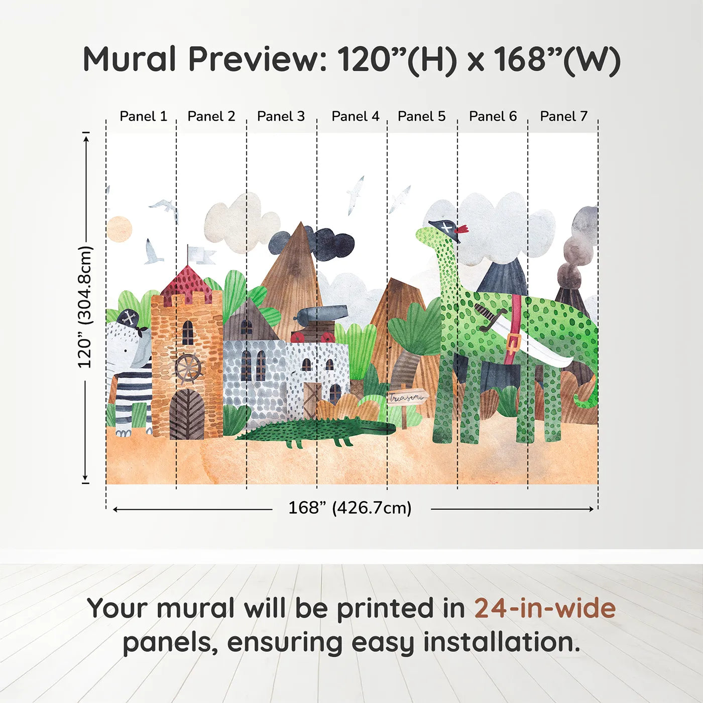 Whimsy Tots Pirate Animal Adventure Wall Muraldimension view (120" H x 168" W). Printed in seven 24-inch-wide panels. Best for Boys