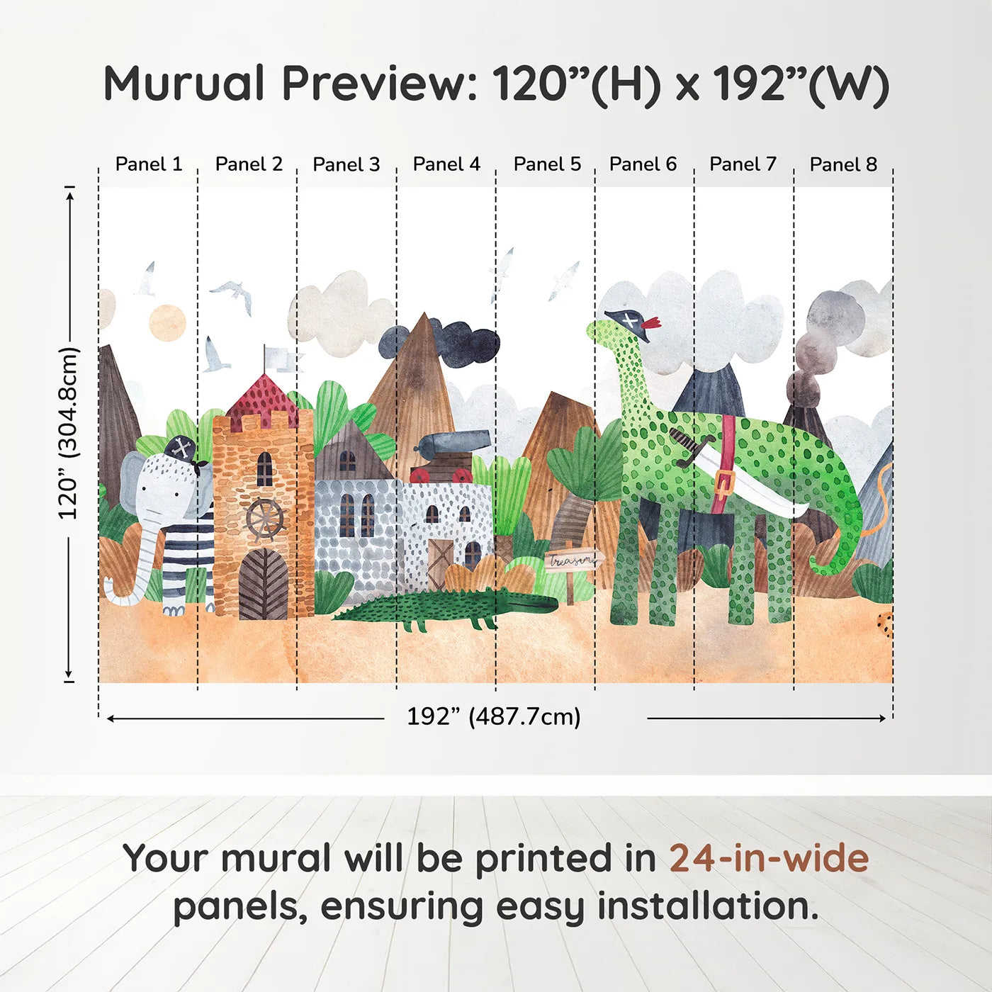 Whimsy Tots Pirate Animal Adventure Wall Muraldimension view (120" H x 192" W). Printed in eight 24-inch-wide panels. Best for Boys