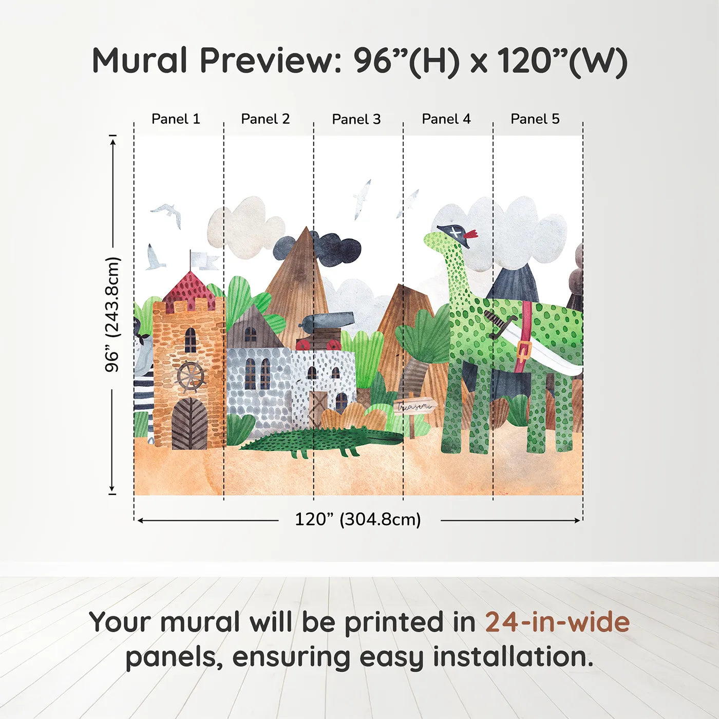 Whimsy Tots Pirate Animal Adventure Wall Muraldimension view (96" H x 120" W). Printed in five 24-inch-wide panels. Best for Boys