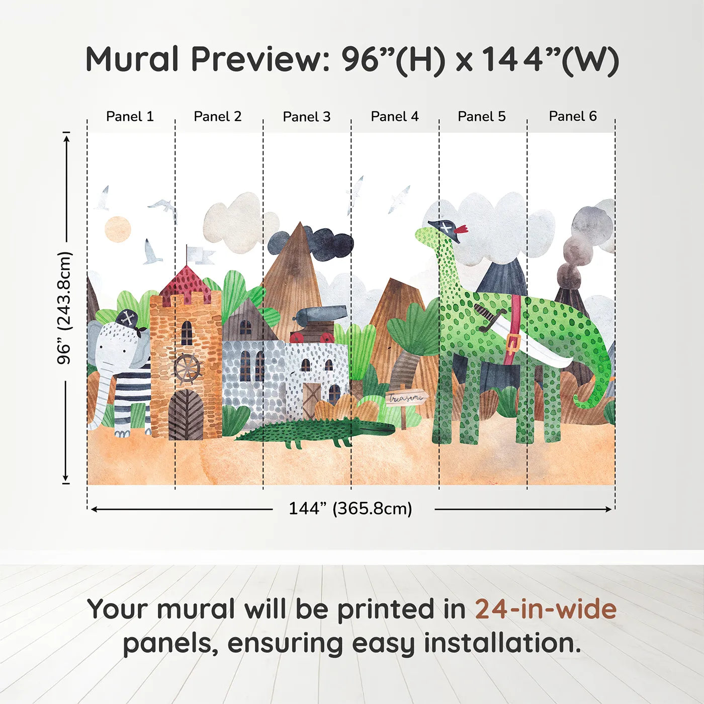 Whimsy Tots Pirate Animal Adventure Wall Muraldimension view (96" H x 144" W). Printed in six 24-inch-wide panels. Best for Boys