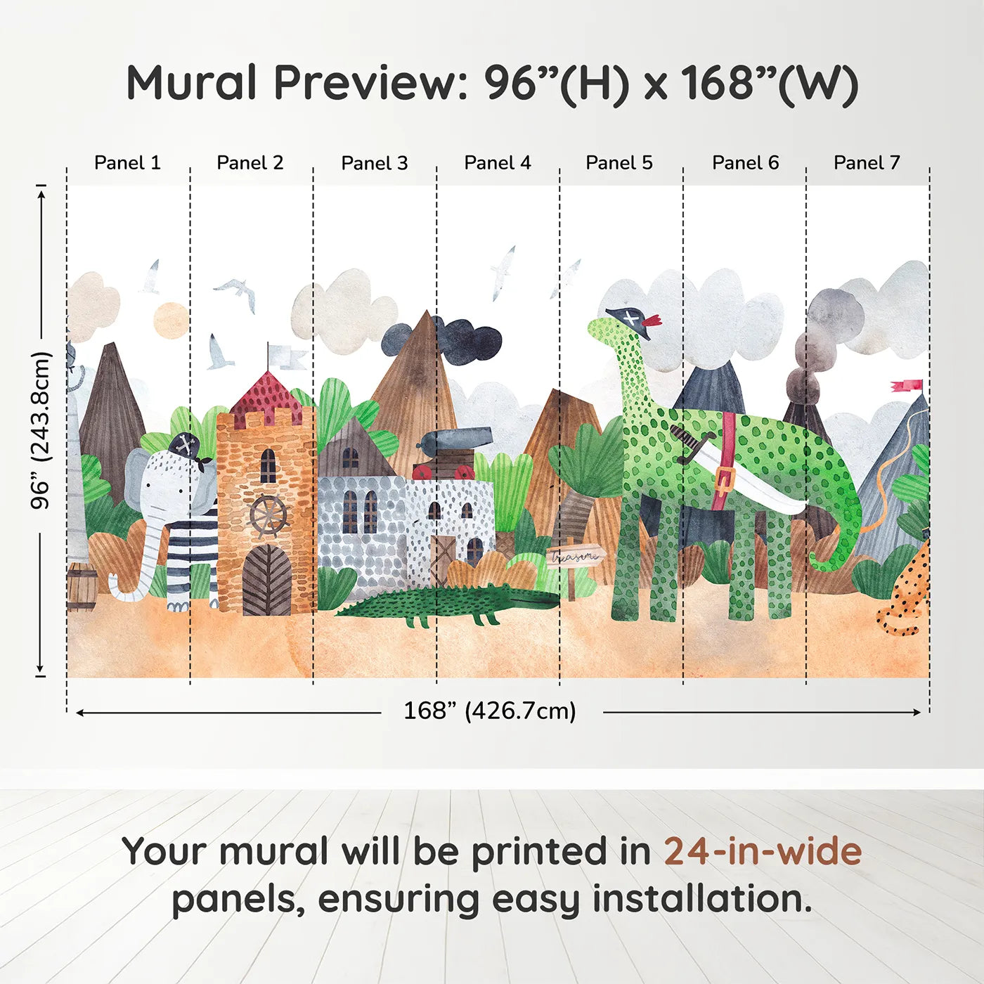 Whimsy Tots Pirate Animal Adventure Wall Muraldimension view (96" H x 168" W). Printed in seven 24-inch-wide panels. Best for Boys