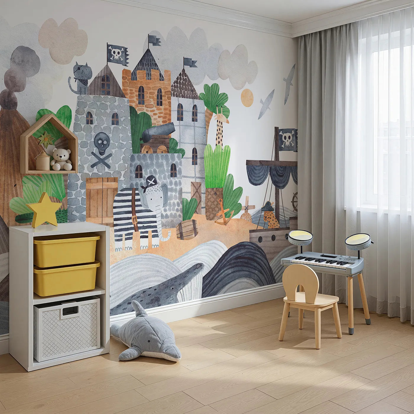 Angled view of Whimsy Tots' Pirate Animal Voyage Wall Mural (Turn Their Room into a High-Seas Adventure).Best for Boys