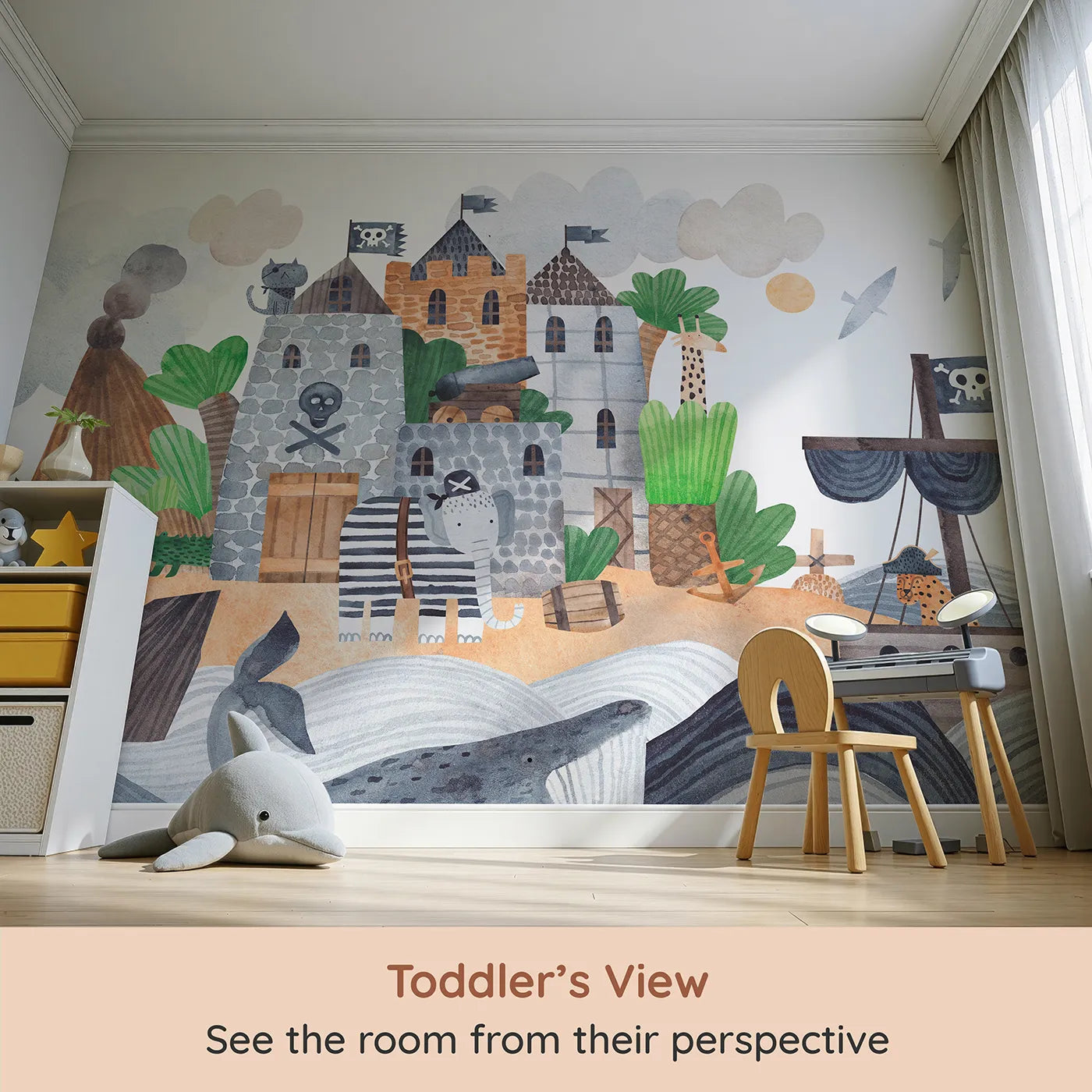 Whimsy Tots Pirate Animal Voyage Wall Mural (Turn Their Room into a High-Seas Adventure) from your child's view.Best for Boys