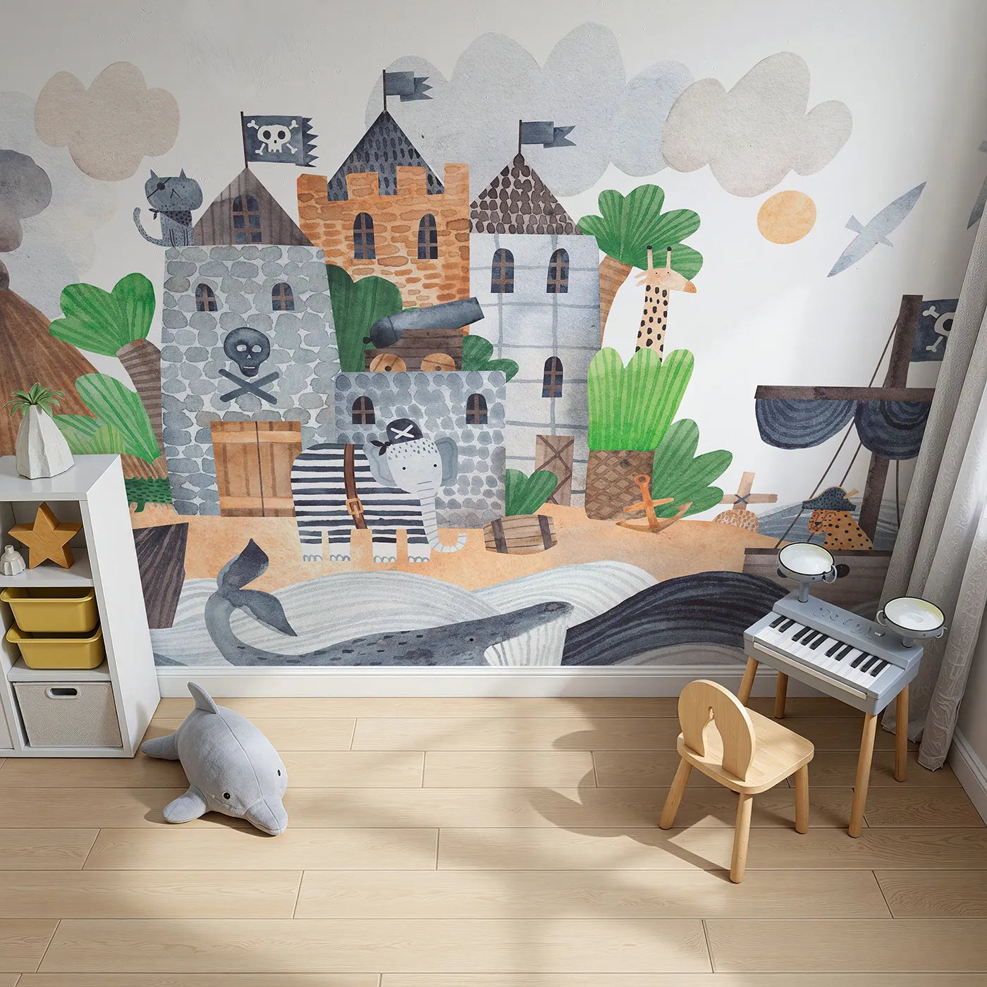 Top-down view of Whimsy Tots' Pirate Animal Voyage Wall Mural (Turn Their Room into a High-Seas Adventure).Best for Boys